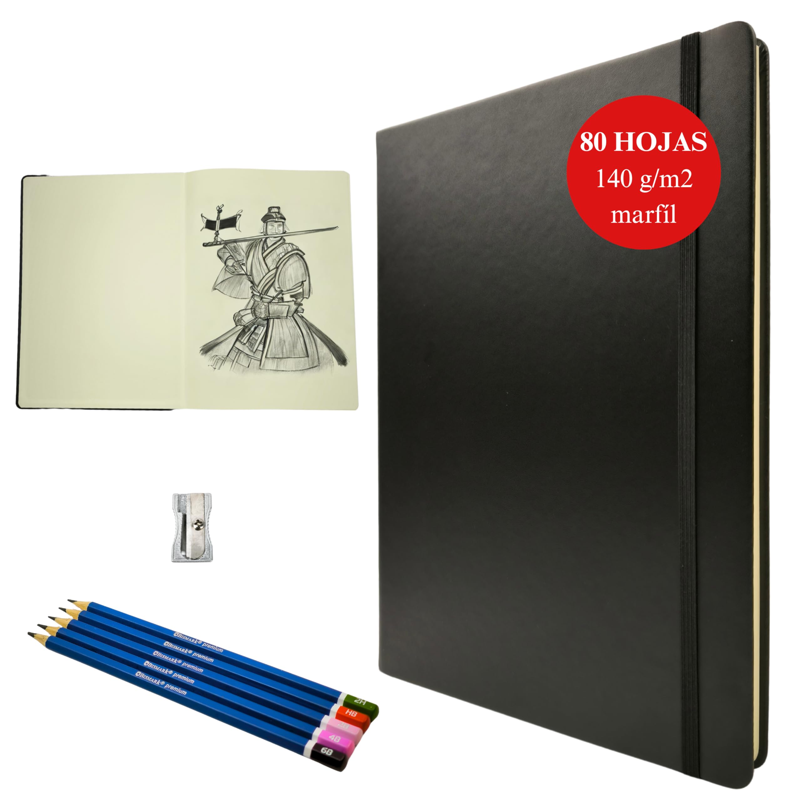 Bloc dibujo profesional de bocetos a4 para artistas- Incluye juego de 5 lapices y 1 sacapuntas. Hoja en blanco, papel crema, 140 gm2, Tapa dura. Cuaderno tipo libro para dibujar y escribir 80 hojas