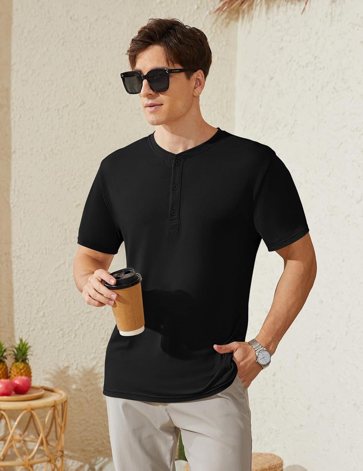 Men's Henley Short Sleeve Shirts Casual T-Shirts Button Top Summer Soild Basic Tee - Image 2