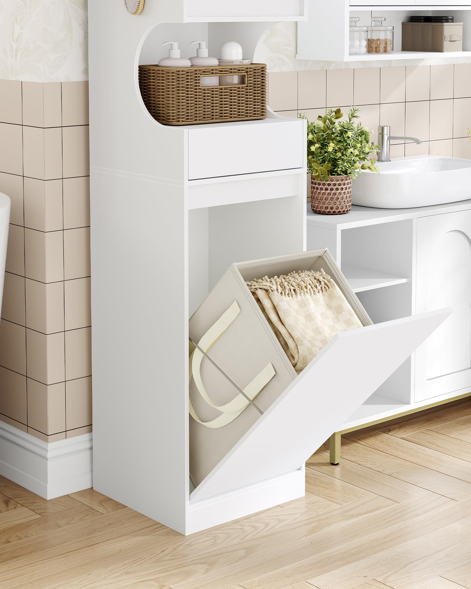 Hzuaneri Mobile da Bagno Alto, Armadio a Colonna da Bagno Salvaspazio, Con cesto portabiancheria pieghevole, Ripiani Regolabili, per Soggiorno, Lavanderia, 40 x 40 x 174 cm, Bianco BC43013X