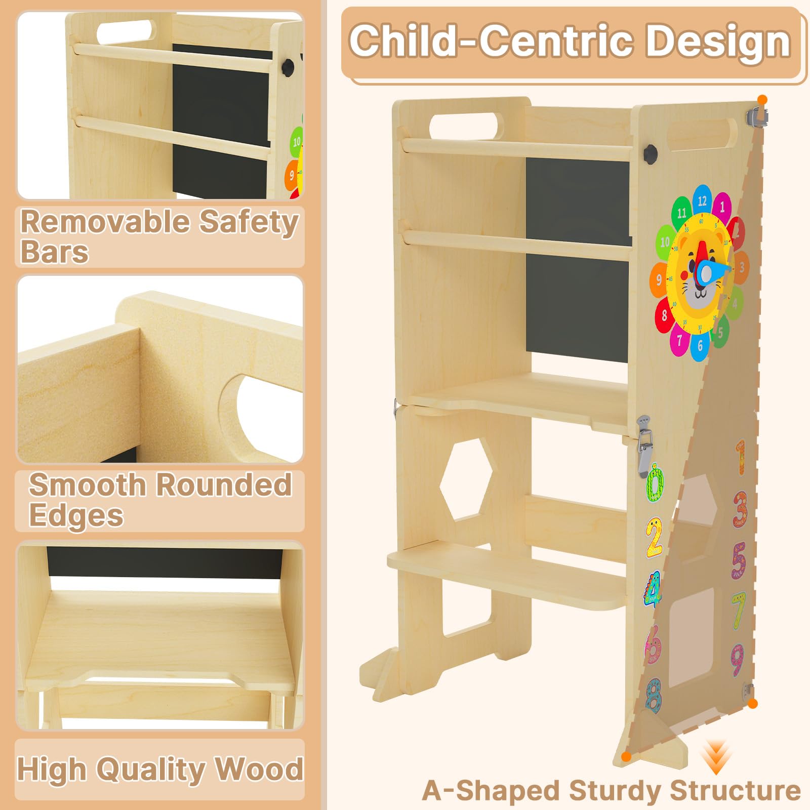 Lernturm ab 1 Jahr | 4-in-1 Lernturm Klappbar für Kinder |Learning Tower mit Tafel und Lernuhr aus Holz | Küchenhocker für Kleinkinder | Aus Nachhaltigem Holz | Stabiler Montessori