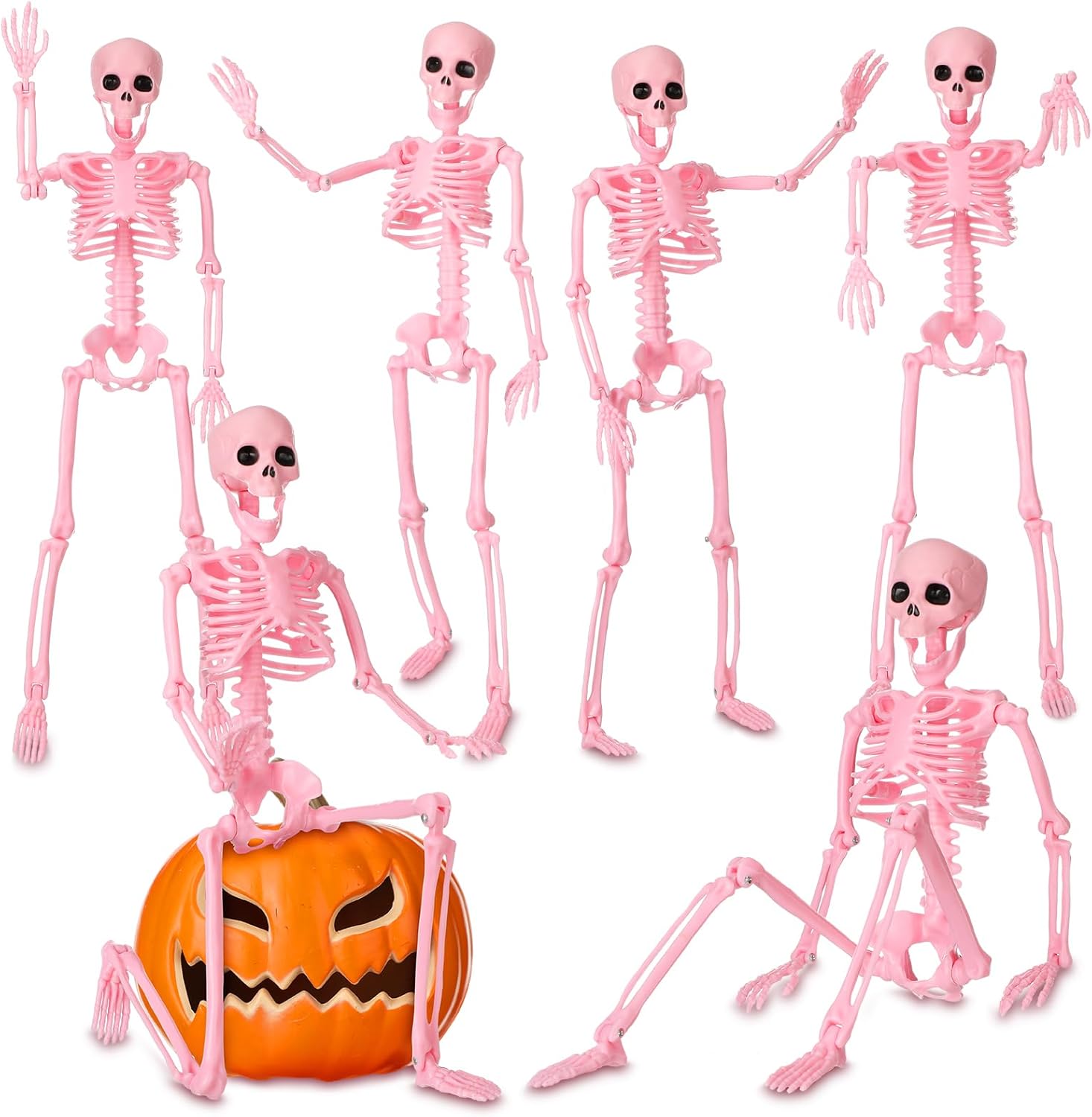 Geelin 6 Pack Halloween Hanging Skeleton Decoration 16” Posable Pink Plastic Skeleton with Movable Joints Small Spooky Scary Hanging Skeletons for Yard Garden Lawn Haunted House and Graveyard Props