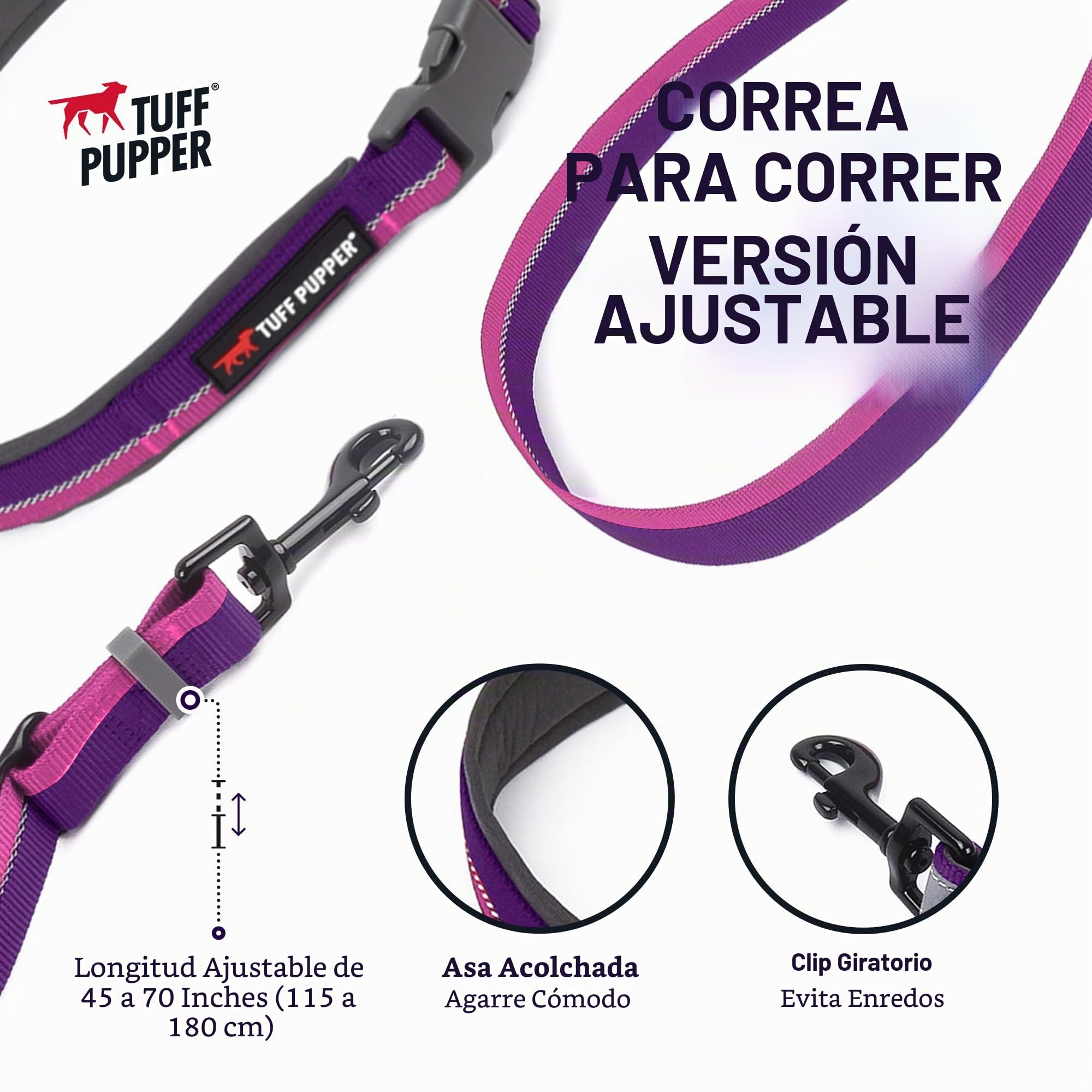 Correa para Perro Tuff Pupper Manos Libres de Longitud Ajustable | Ligero para Correr, Trotar y Caminar | Cinturón Acolchado (115-180 cm) | Ajusta de 1 a 2 Metros de Longitud