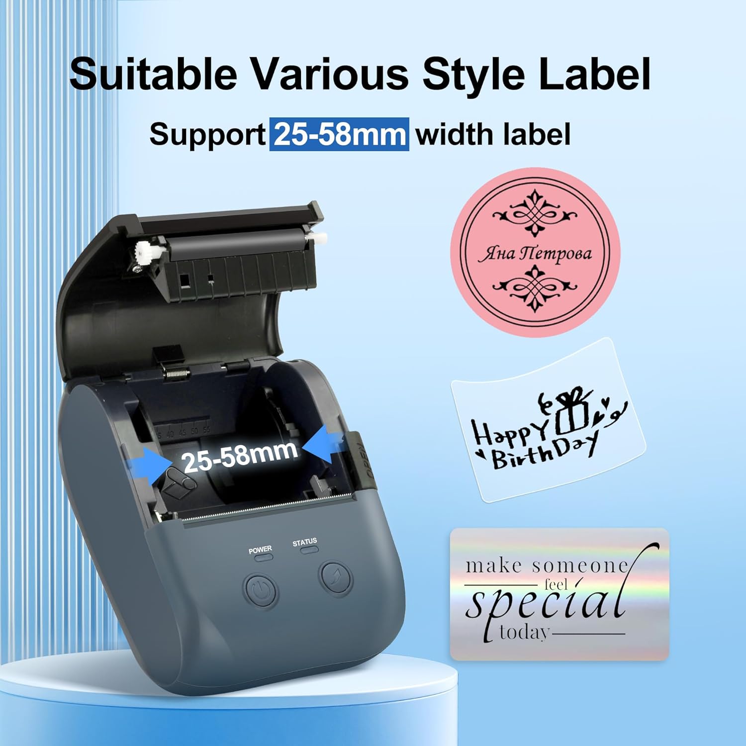 Peweglow L7 Label Maker with its lid open, showing the label compartment and indicating support for 25-58mm width labels.