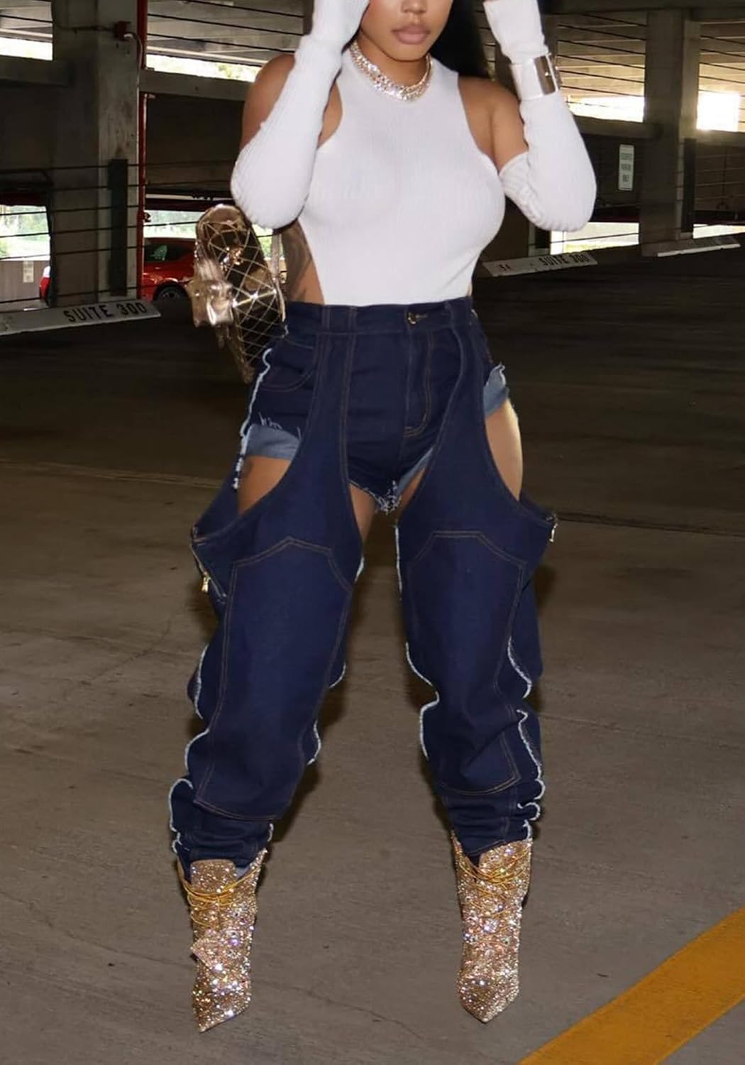 Tbahhir Women's Baggy Ripped Denim Jeans High Waisted Patchwork Boyfriend Wide Leg Distressed Stretchy Pants Y2K Streetwear - Image 5