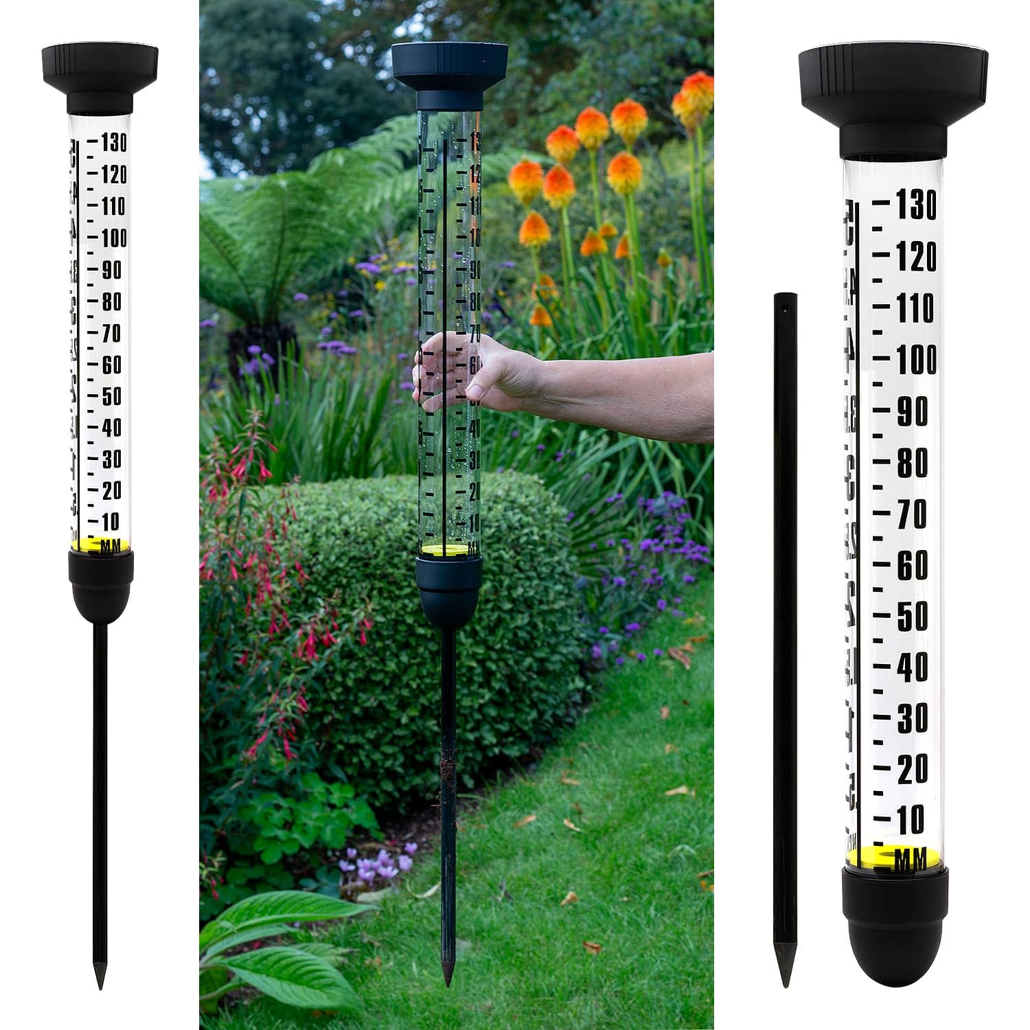 CKB LTD Pluviómetro con Pica para Exteriores – Medidor Extra Grande de Medición de Precipitaciones de Agua de Doble Escala con Estaca de Suelo para Césped, Jardín, Granjas y Campos de Golf, 100 cm de