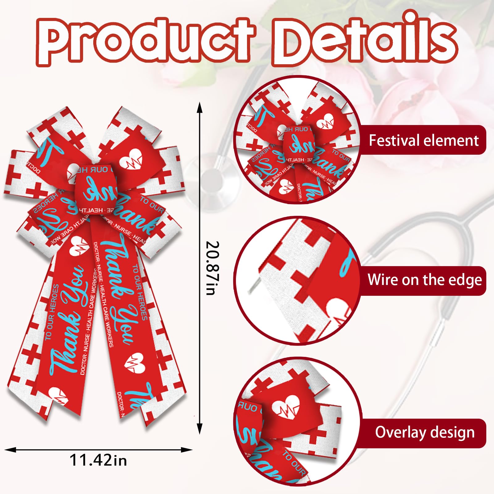 Threetols Healthcare Heroes Wreath Bows, Red White Bows for Wreath Red Cross Decorative Bows for Front Thank You Nurse Day Ornaments Hanging Wreath Bow for Indoor Outdoor Decor