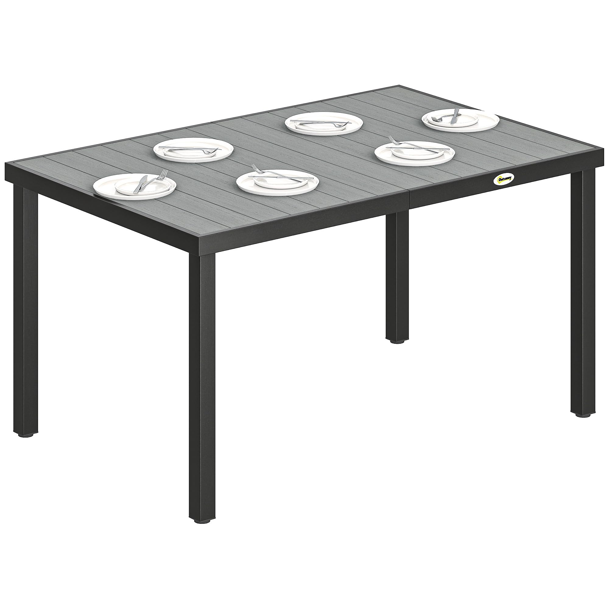 Outsunny Table de Jardin rectangulaire pour 4 à 6 Personnes, Table à Manger extérieure avec Plateau à Lattes, Pieds en Acier, idéale pour terrasse, Balcon, Porche, 140 x 90 x 74 cm, Gris