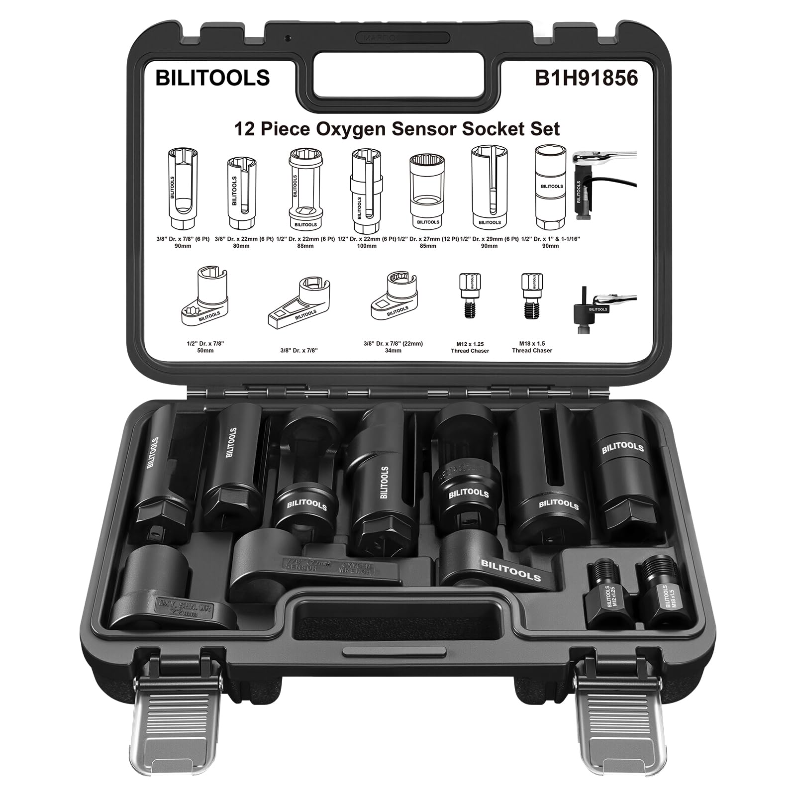 BILITOOLS 12-Piece O2 Oxygen Sensor Socket Set 7/8" (22mm), 1" & 1-1/16", Offset Oxygen Sensor Wrench Set includes Oil Pressure Switch Socket, Oil