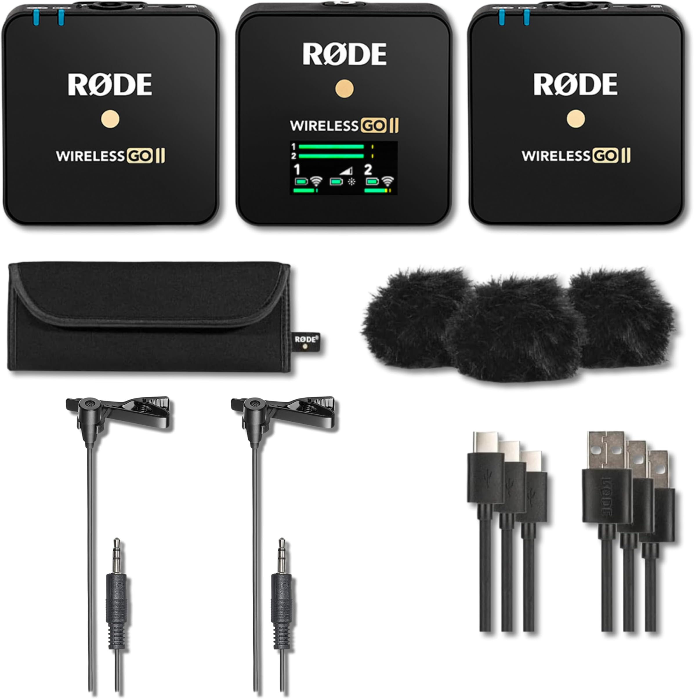 Rode Wireless GO II Dual Compact Digital Wireless Microphone System/Recorder (2.4 GHz, Black) with 2X Lavalier Microphones and Accessories