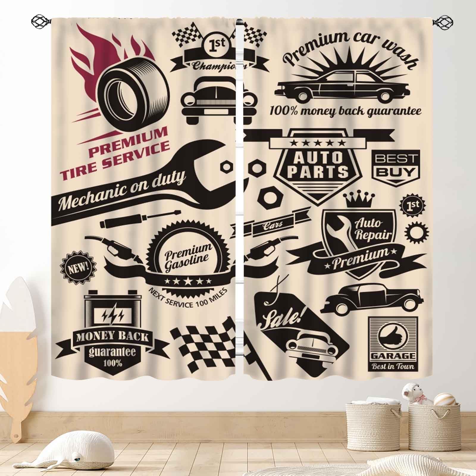 TKUYO Garage Curtains, Retro Vintage Man Cave Repair Vehicle Garage Tools Shed Workshop Car Themed Room Decor Window Drapes Treatments for Boys Men