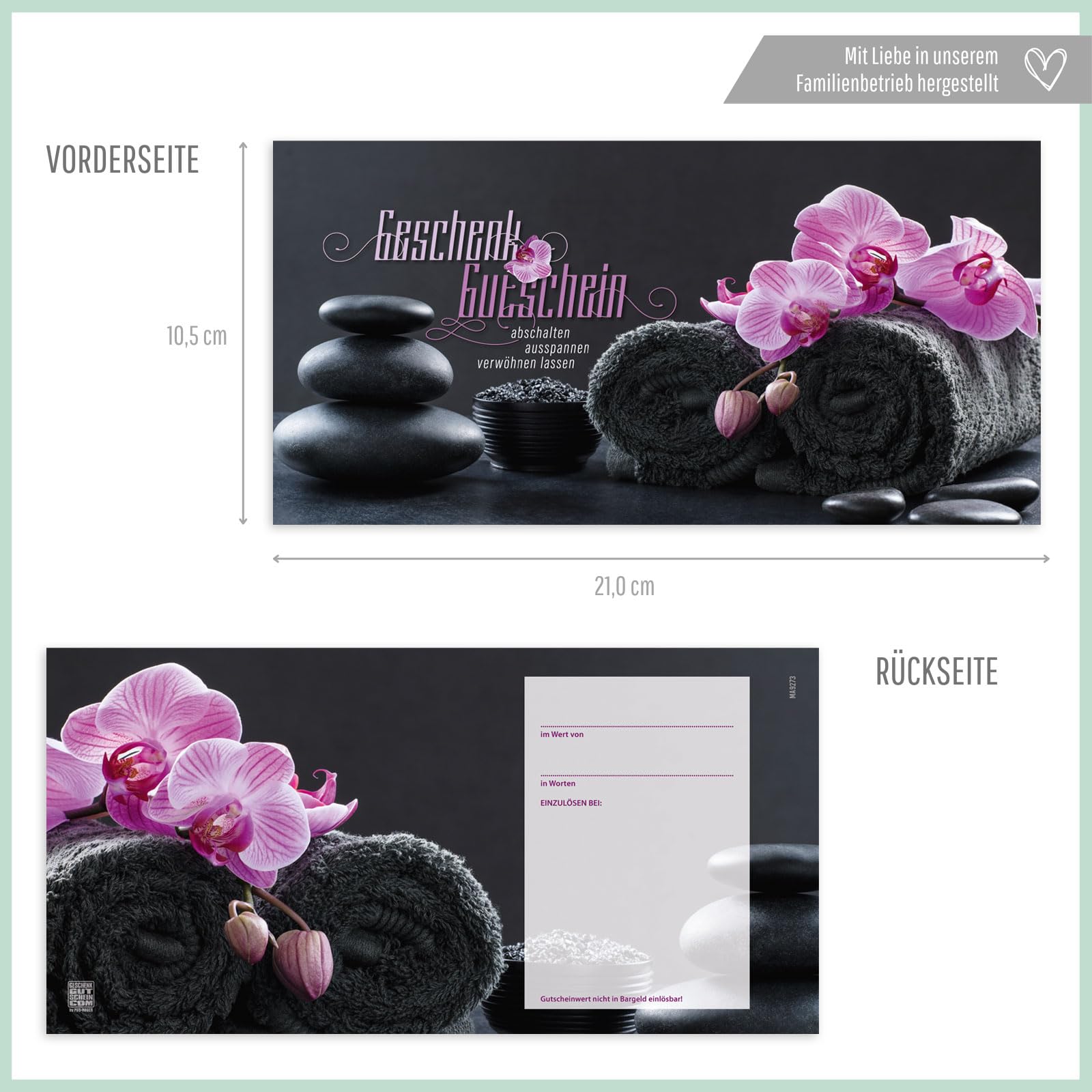 GESCHENKGUTSCHEINcom Gutschein-Set - 50 Gutscheine mit Umschlag & Schleife für Kosmetiksalon Wellness Massageinstitute, blanko zum selber Ausfüllen