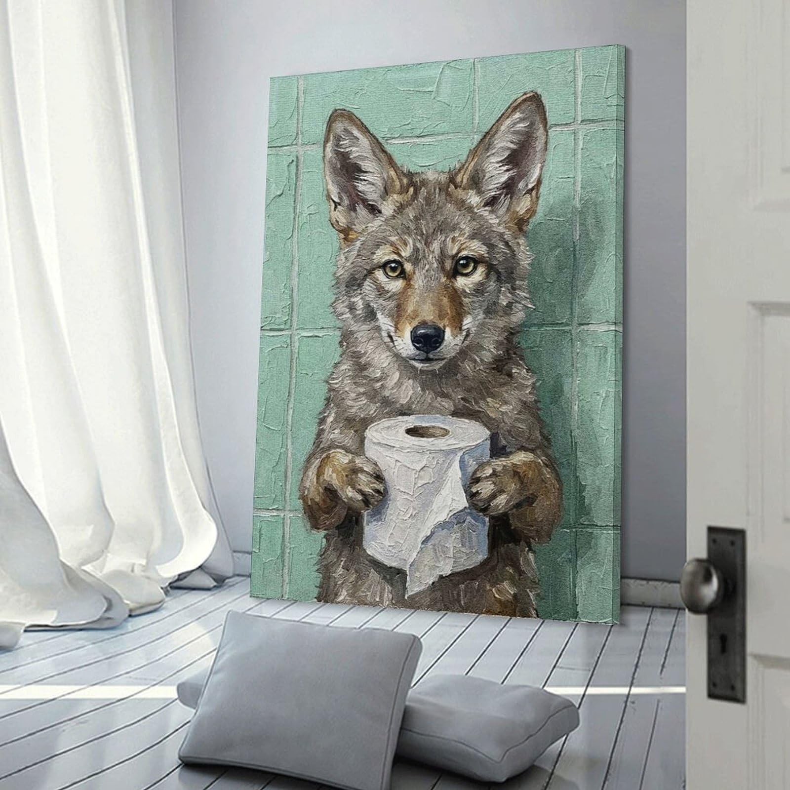 Junmoney Frame-Style-8 Coyote Holding Toilet Paper Painting Room Decor Wall Art 24X36inch(60X90cm), For Entrance Walls, Hall Decor Or Foyers, A Neat Decor Update For Hallways