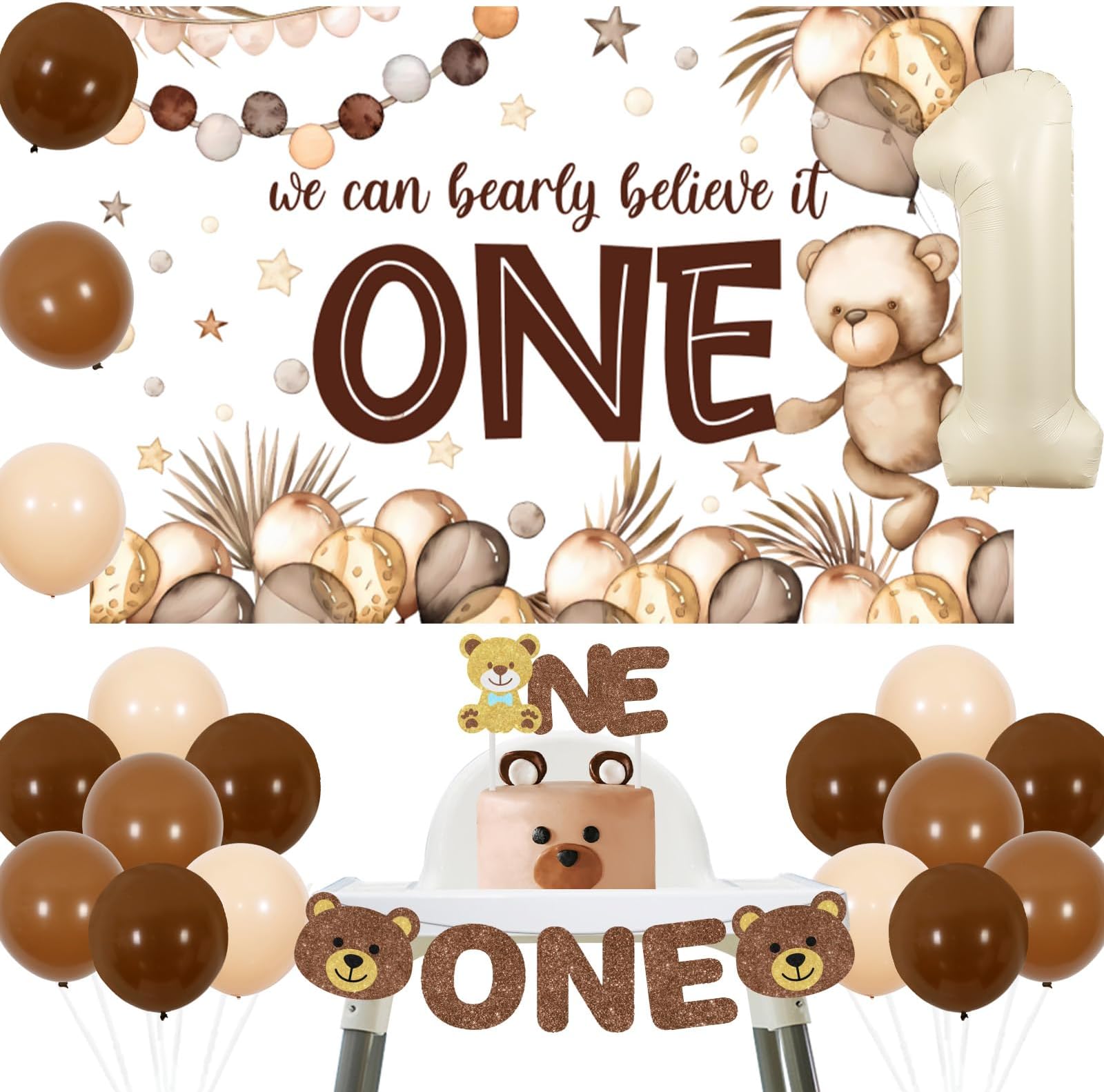 SursurpriseBear 1st Birthday Decorations Bear Backdrop Brown Balloons High Chair Banner Cake Topper for Boys Beary First Birthday Party Supplies