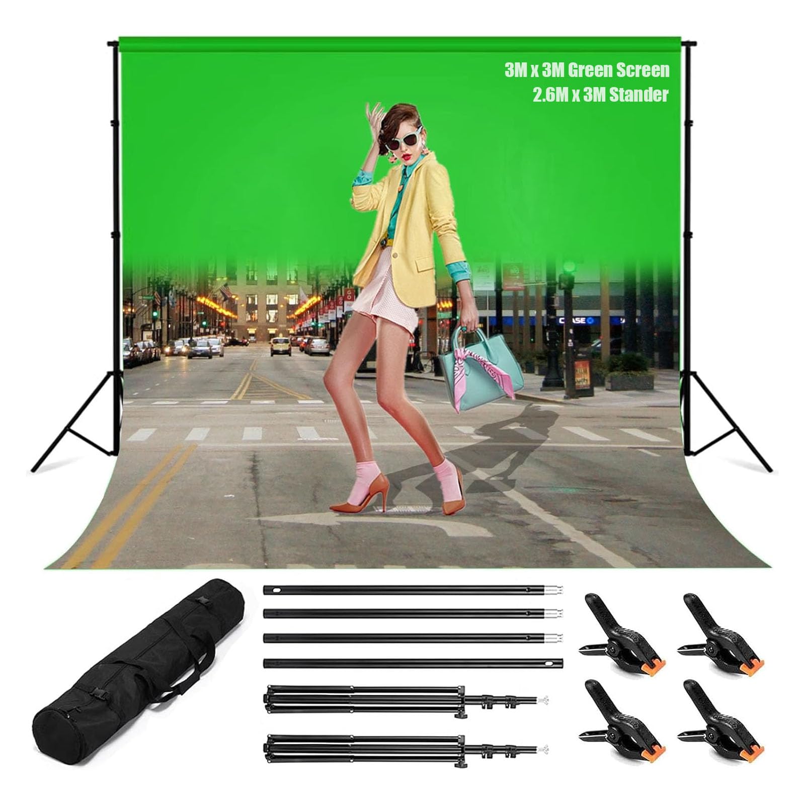 Green Screen con Supporto, Portatile Green Screen 3 x 3 m con Supporto per Sfondo Regolabile da 2,6 x 3 m e 4 Morsetti per Sfondo per Scattare Foto Streaming di Video di Gioco