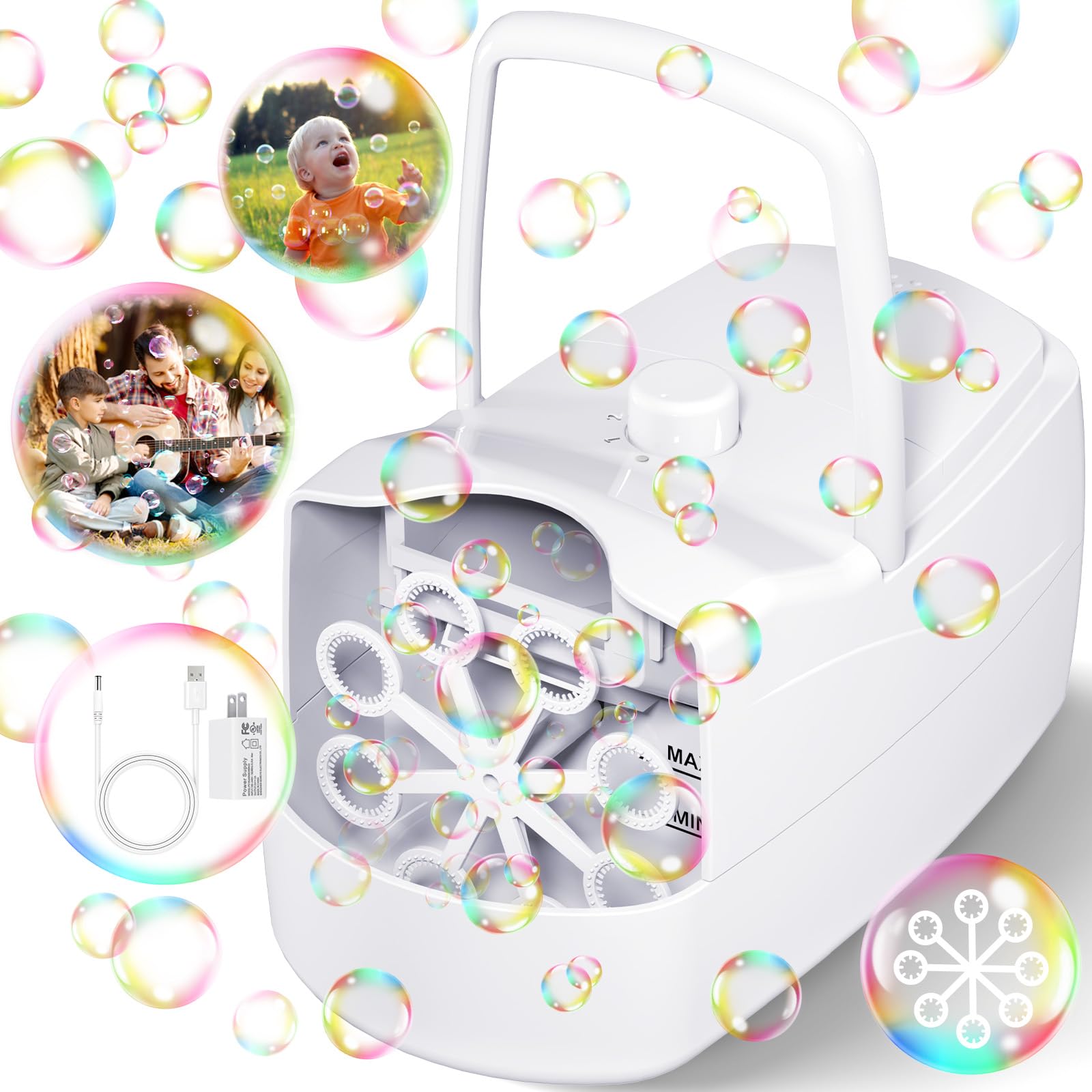 Bubble Machine, Automatic Bubble Blower Electronics Bubble Maker for Kids 18000+ Bubbles Per Minute with 2 Speeds, 8 Wands,Plug-in or Batteries Bubbles Toy for Outdoor/Indoor Party Birthday (White)