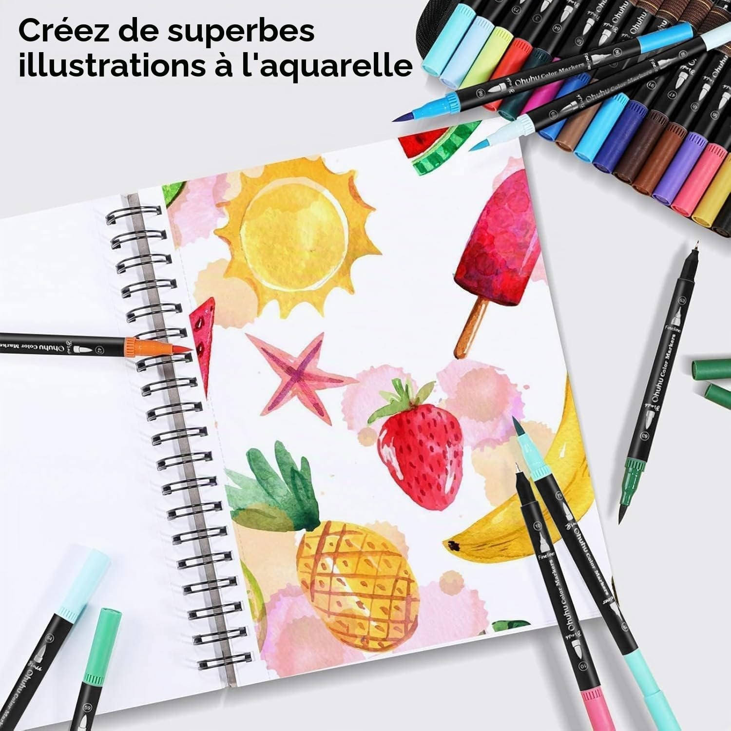 Ohuhu 160 Couleur Feutres Coloriage Adulte Enfants, Feutre Double Pointe Aquarelle Stylos Pointe Fine Pour Dessin, Manga, Doodling, Scrapbooking, Série Maui – Sac de Transport