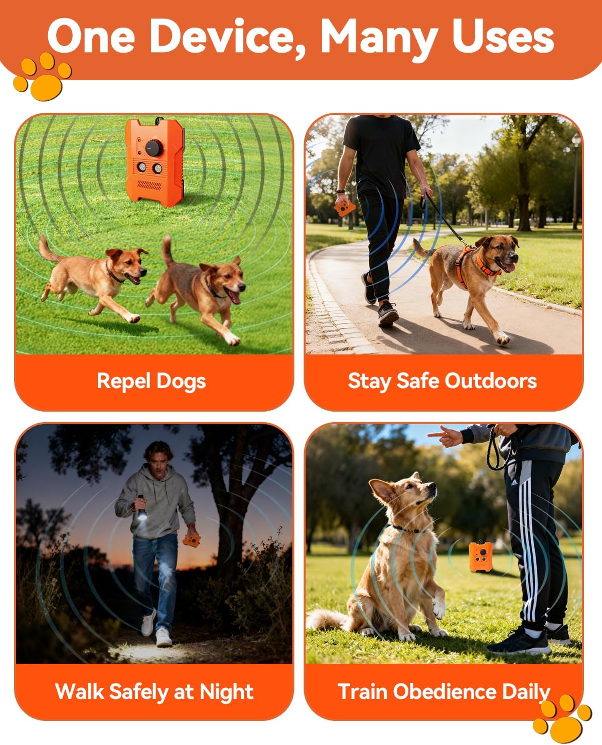 Ultrasonic Dog Bark Control Device – 3 Adjustable Modes, 50FT Precision Range, USB Rechargeable & IPX4 Waterproof Bark Stopper for Indoor and Outdoor Use
