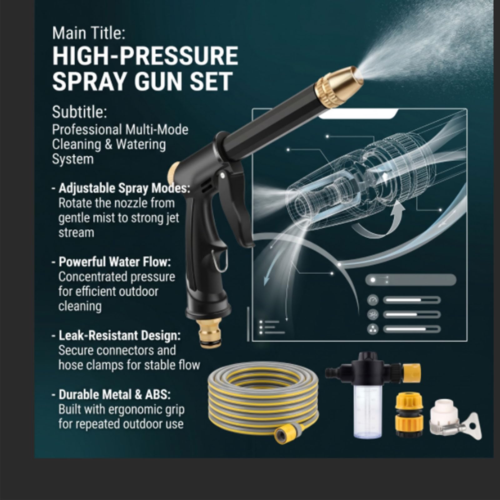 High Pressure Water Hose Nozzle, Adjustable Twist Hose Nozzle for Garden Hose, Car Wash Water Gun with Booster Nozzle, 3 Spray Patterns for Patio Plant Pet