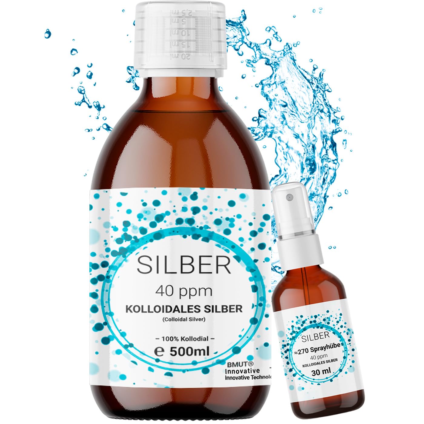 1 x 500 ml argento colloidale (40 ppm) in flacone di vetro ambrato con flacone spray da 30 ml | acqua argentata | acqua pura | 100% colloidale