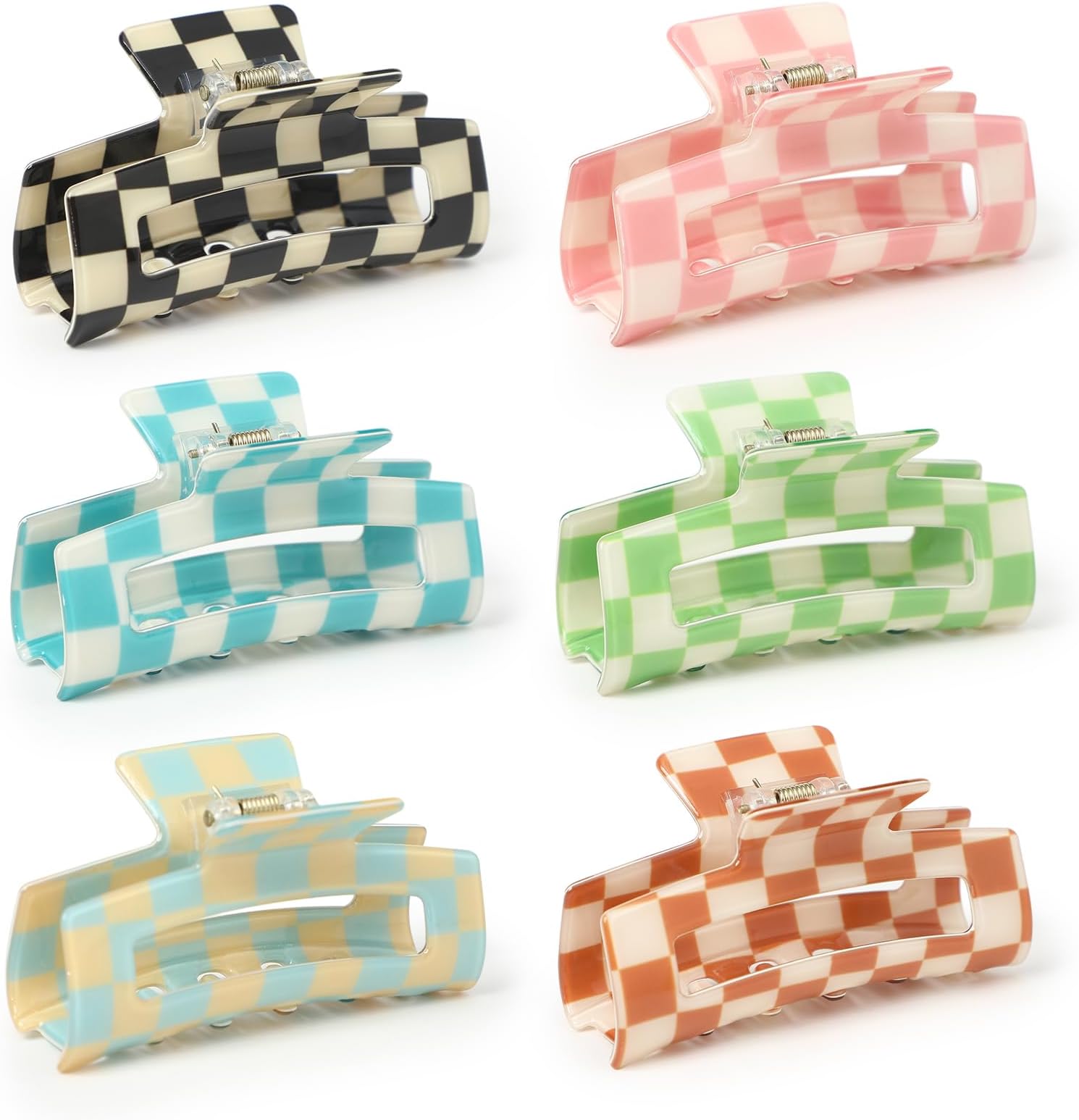 Checkered Multicolored Rectangle Y2K Hair Barrettes and Claw Clips - 6 Pcs Strong Hold Hair Accessories for Thin & Thick Hair