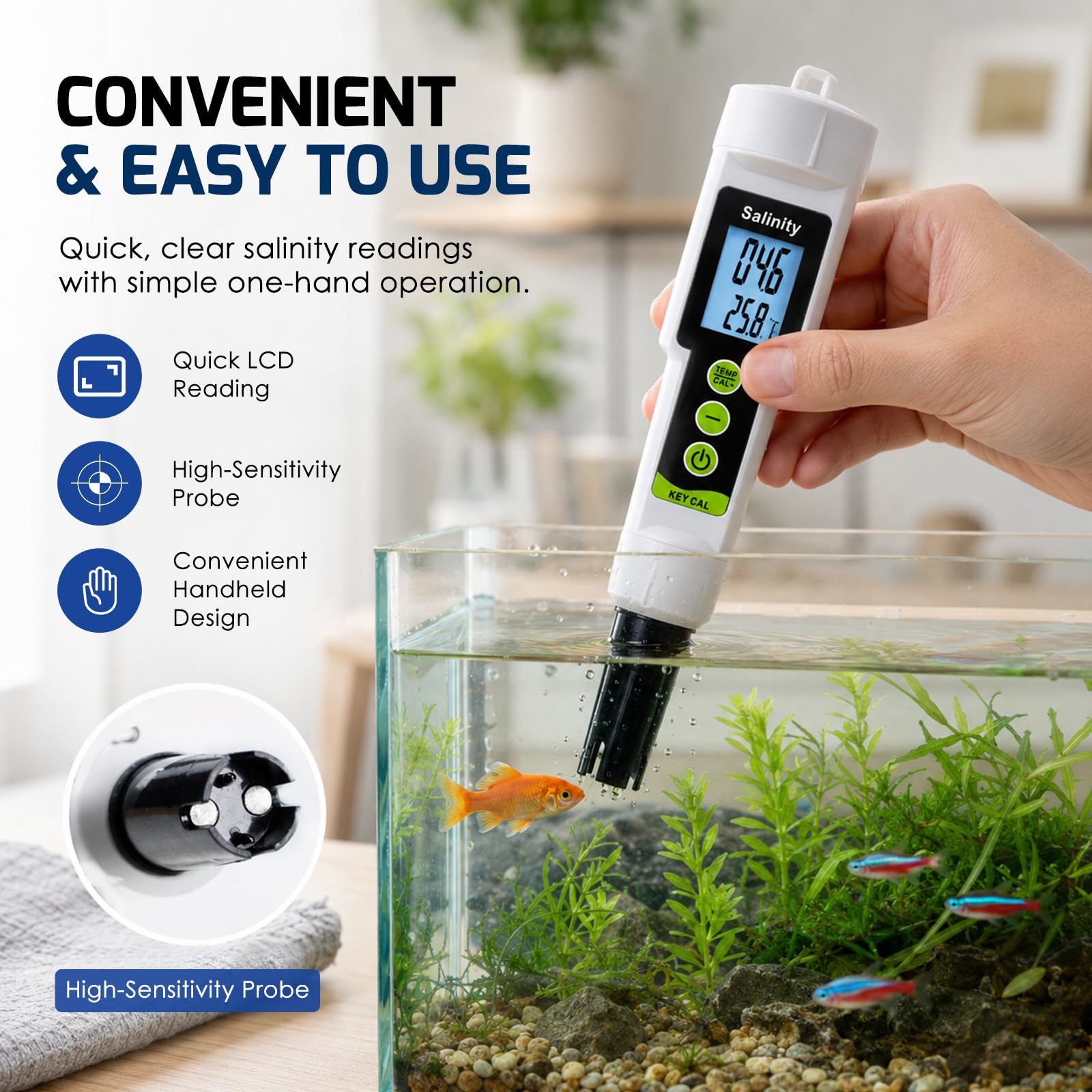 TEKCOPLUS Testeur de salinité 2 en 1 0–199,9 PPT avec ATC, testeur de salinité et de température numérique pour aquarium, réservoir marin, étang à poissons et piscine, eau de mer salée, hydroponie