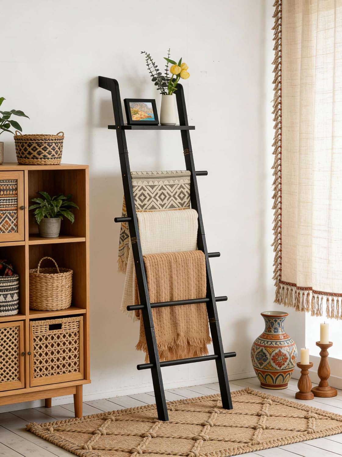 ZUNTO Blanket Ladder with Top Shelf for The Living Room - 67in Decorative Wooden Blanket Holder, 5 Tier with Side Hooks for Hanging - Rustic Farmhouse Towel Throw Ladder Rack for Organize and Display