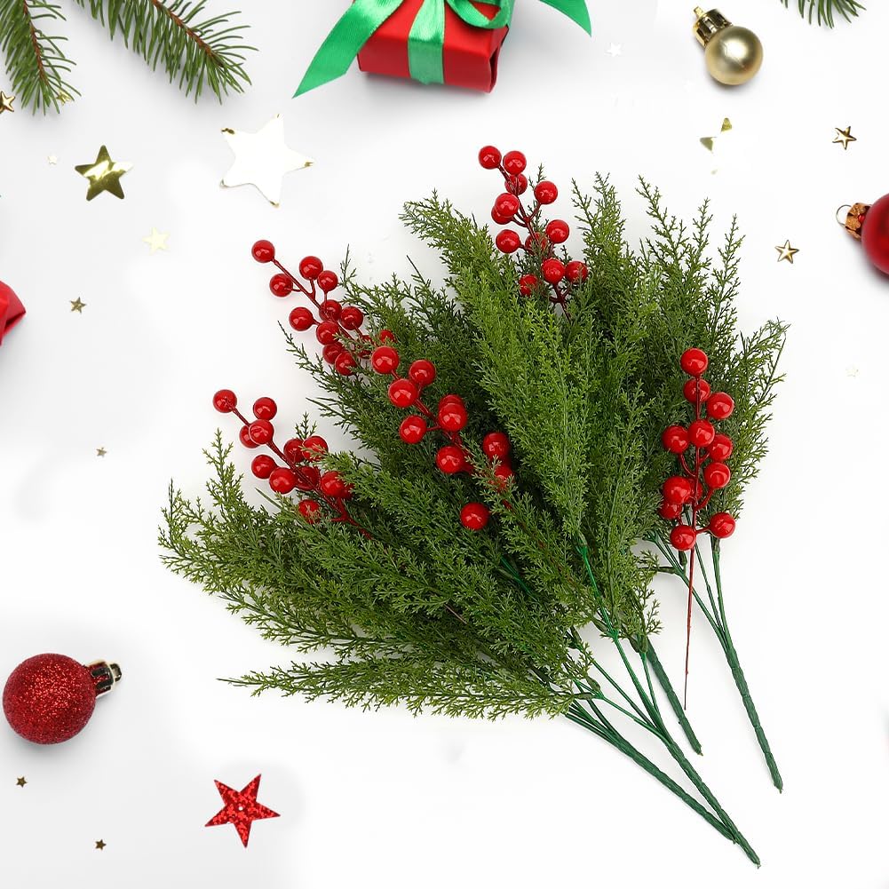 6 Pcs Christmas Artificial Pine Needle Branches with 6 Pcs Red Berry Stems 15.7"Fake Evergreen Cedar Sprigs Branches DIY Faux Foliage Pine Needles Picks for Xmas Flower Arrangements Decoration - Image 5