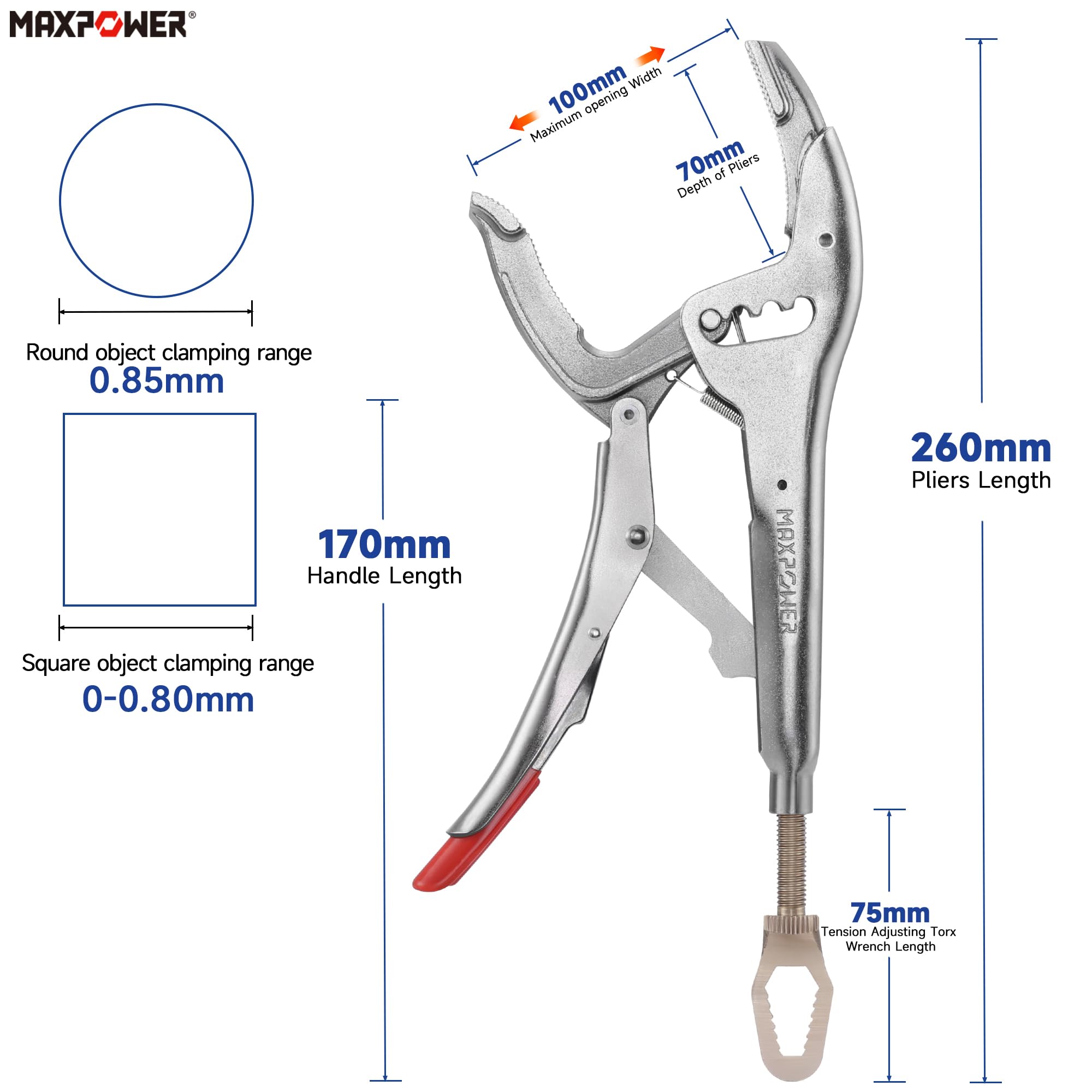 MAXPOWER Pince Étau 250 mm – Mâchoires Courbes 50-100 mm – Acier Cr-V Robuste – Force de Serrage Réglable – Pince de Verrouillage pour Atelier, Garage et Bricolage