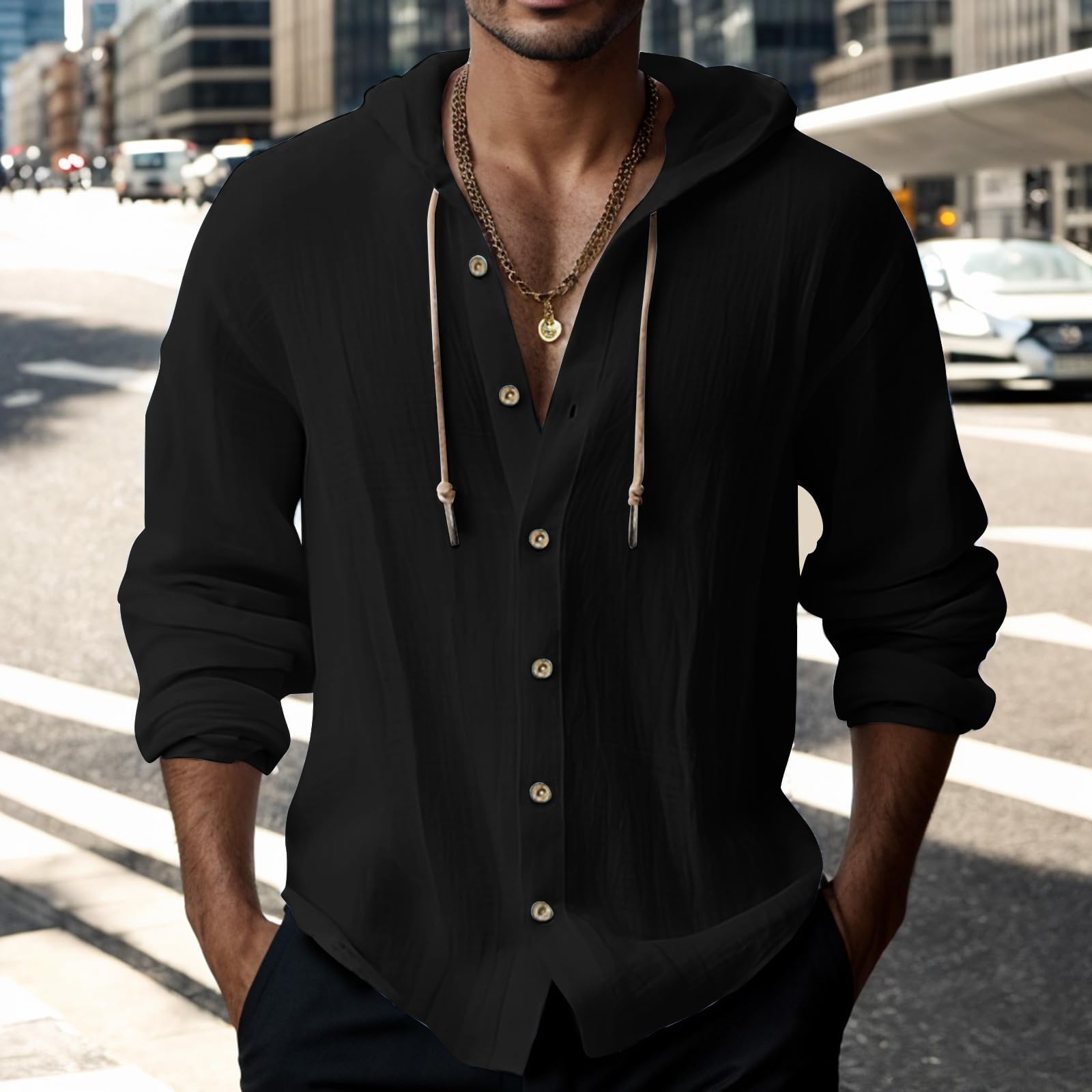 Kapuzenpullover Herren Baumwolle Hemdjacke Dünner Sweatshirt mit Knopf Herbst Hemden Tops Hoodie Mit Kapuze Einfarbig Leichte Hoody Oberteile Bequeme Langarm Henley Shirt Kapuzenhemd