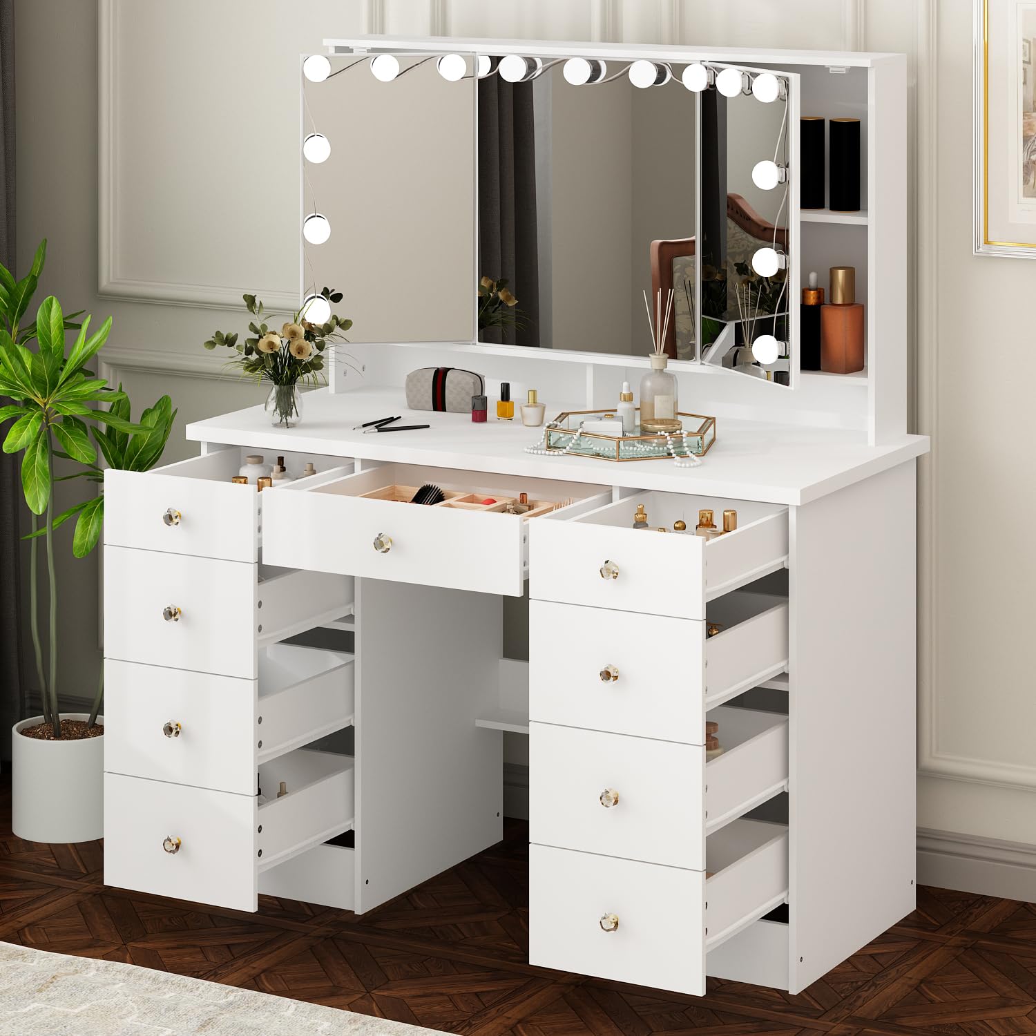 Amazon.com: ROMSHINE Large Vanity Desk with Trifold Mirrors