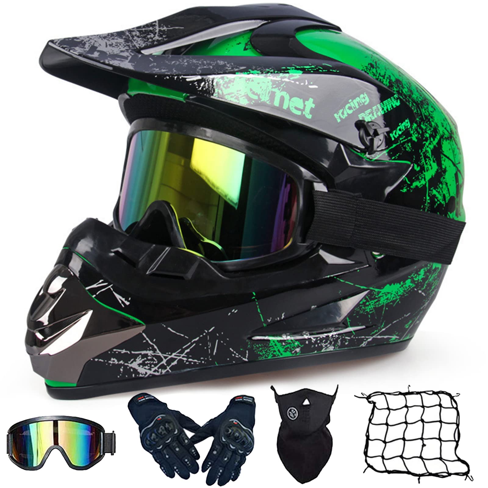 Motocross Helmet Adult Full Face Helmet MTB with Goggles/Gloves/Mask/Helmet Net, Youth Kids Downhill Off-Road Motorcycle Crash Helmet, ATV BMX Quad Bike Enduro Dirt Bike Helmet,(52-59CM),Green-S