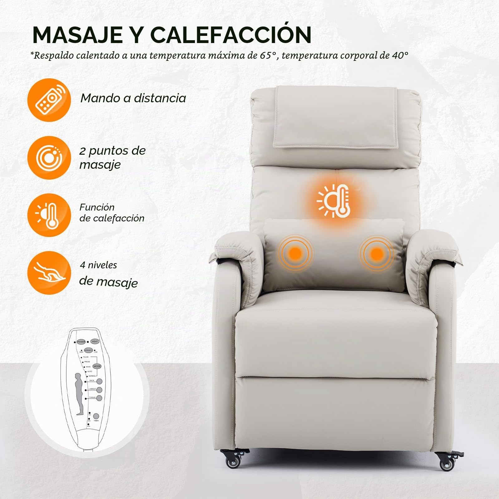 Bonnlo Sillón Relax Reclinable Eléctrico con Ruedas, Sillón Relax con Puntos Masaje y Calor, con Cojín y Reposacabezas, para Salón y Oficina, Soporte hasta 150 kg (Gris Perla, Antigarra-2 Puntos)