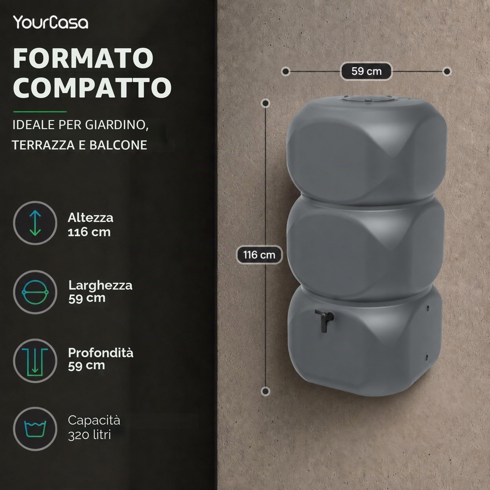 YourCasa Acqua piovana da 320 litri [Aquablock] con attacco per tubo di scarico e rubinetto e coperchio, a forma quadrata, per acqua piovana, per giardino (grigio)