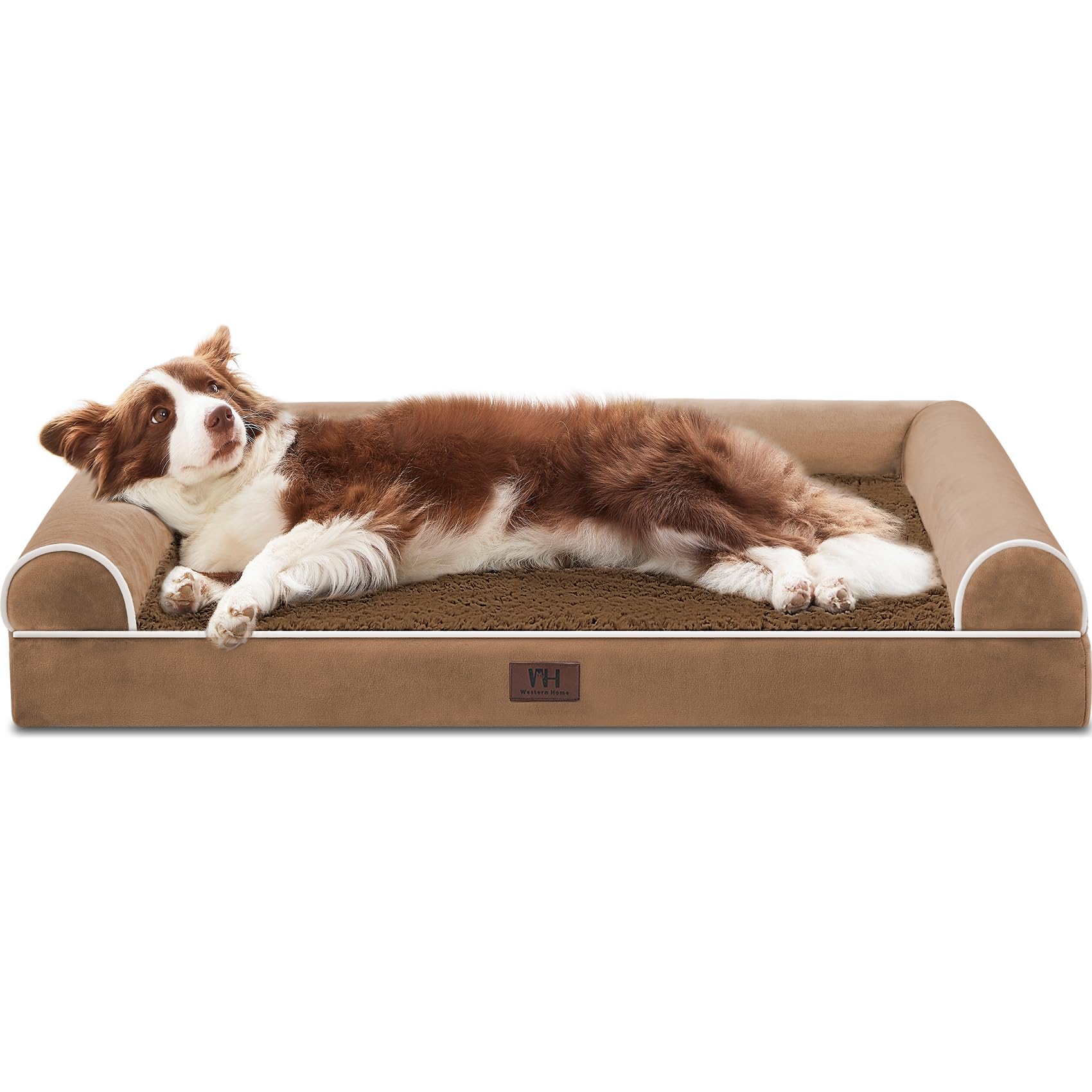 WESTERN HOME Large Washable, Soft Orthopedic Dog Beds with Removable Washable Cover, Extra Large Waterproof Dog Bed with U-Shape Bolster, Brown, 91 x 68 x 16.5 cm
