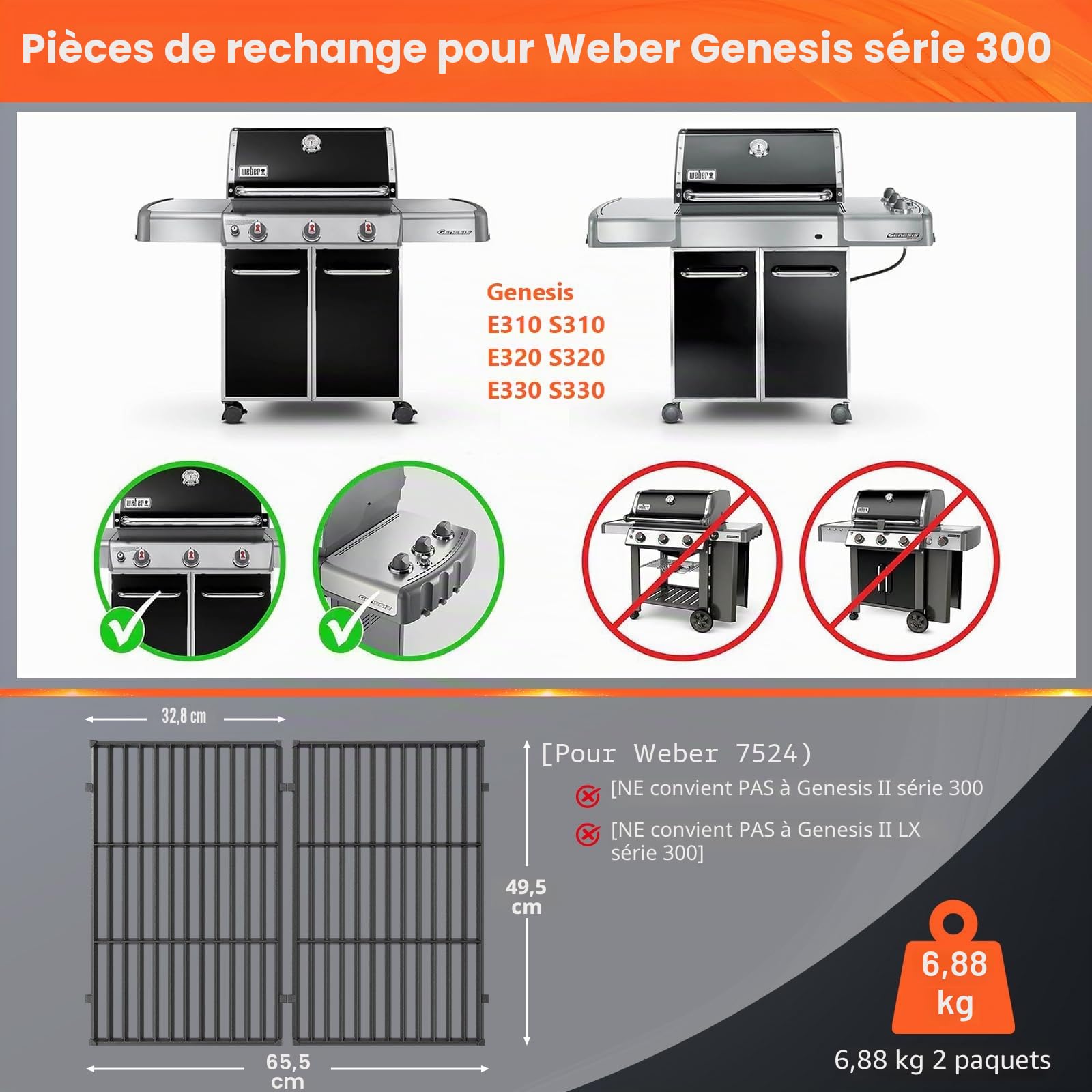 7524 49,5cm Grilles de Cuisson en Fonte Grille de Cuisson pour Weber Genesis E-310/ E-320/ E-330, Genesis S-310/ S-320/ S-330, Genesis EP-310/ EP-320/ EP-330 Gril à gaz, pour Weber 7524/7528