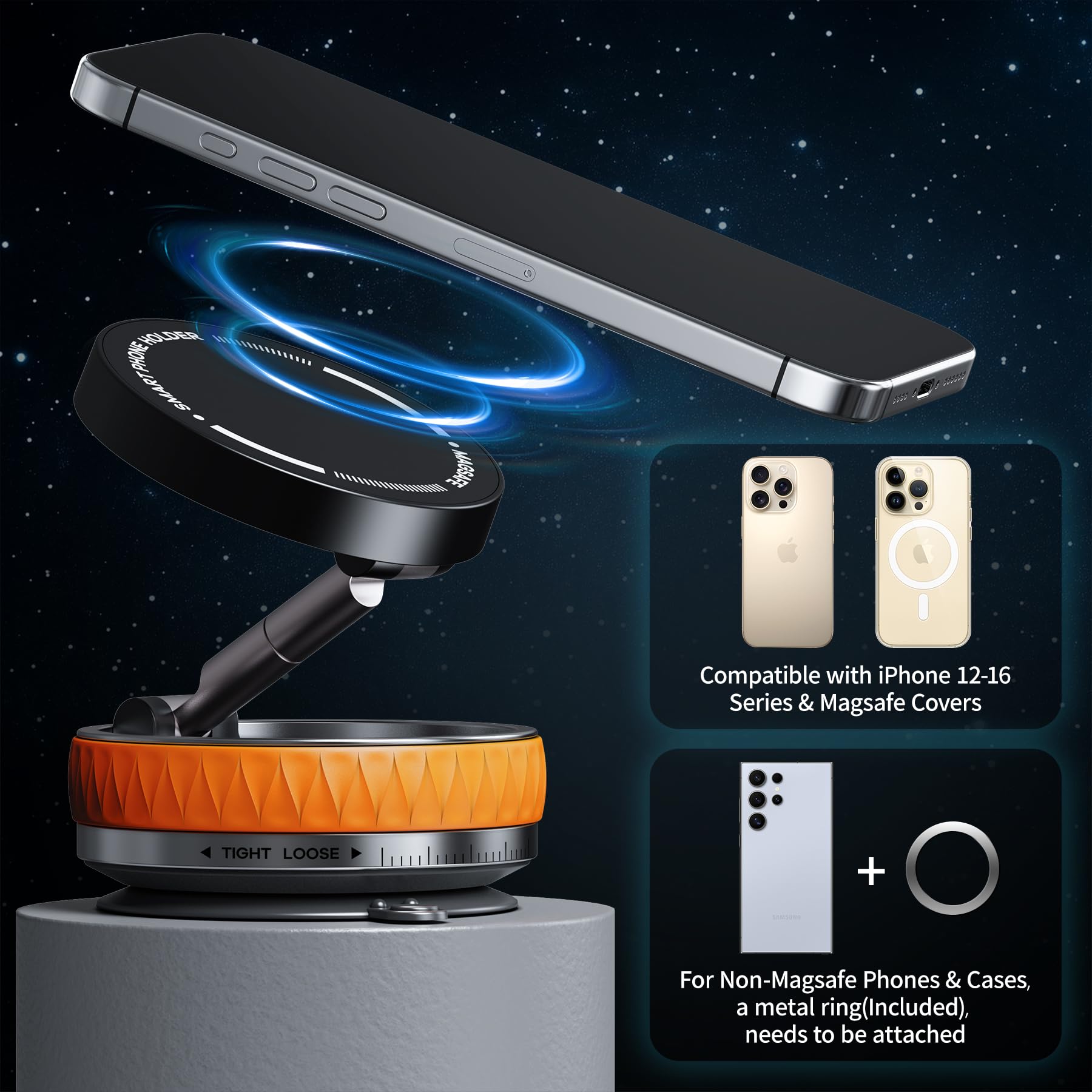 Magnetyczny uchwyt samochodowy z przyssawką próżniową, regulowany 360°, składany uchwyt, stojak na telefon do samochodu, siłowni, podróży, działa na gładkich powierzchniach, uniwersalny do