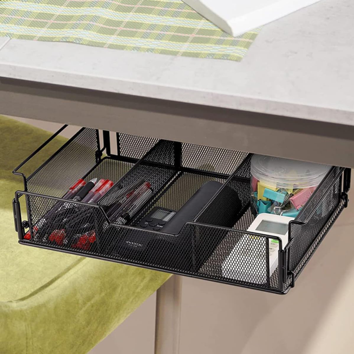 Housoutil Organizador de Escritorio Metálico para Almacenamiento y Organización Negro 3 Compartimentos Grandes, Bandeja de Malla de Hierro en Oficina y Hogar
