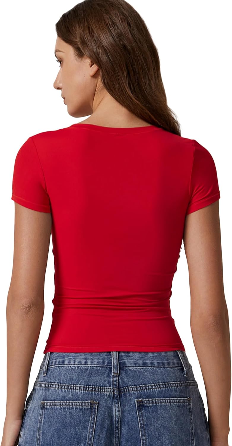 QINSEN Short Sleeve Shirts for Women Round Neck Basic Double Lined Tees Fitted Y2k Crop Tops - Image 2