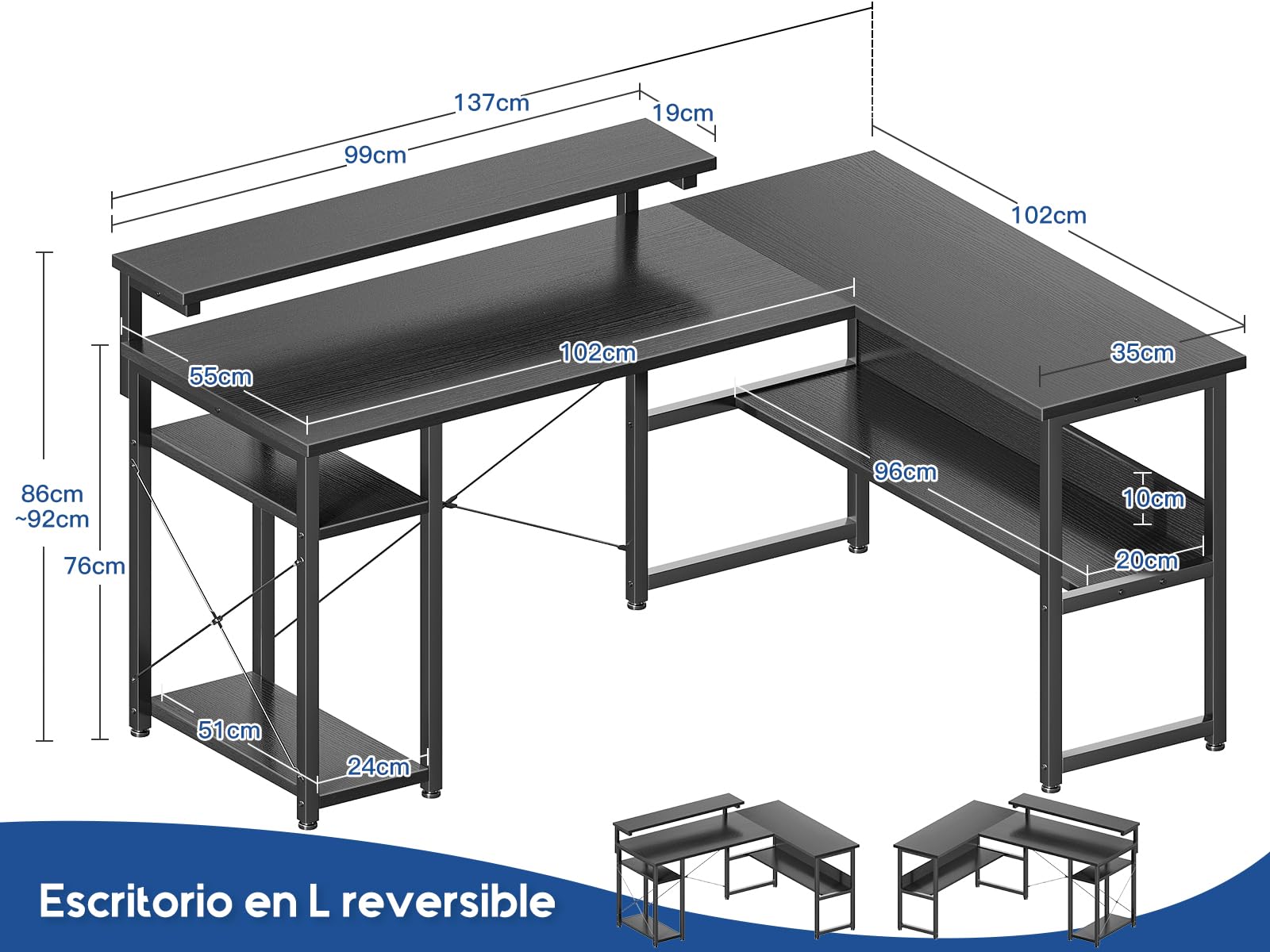 ODK Scrivania ad angolo, scrivania per computer reversibile con ripiani per riporre, scrivania da ufficio con supporto monitor regolabile (137×104 cm, Nero)