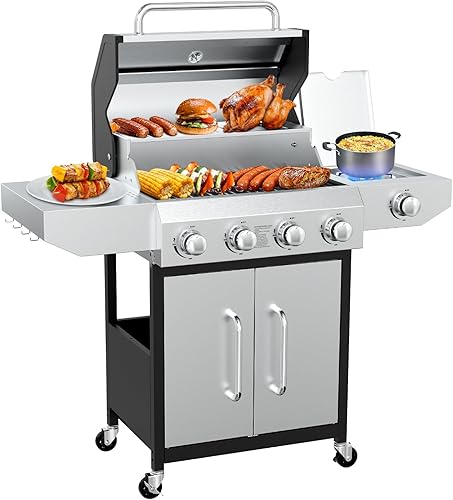 Miniatura 10 de Llamaviva - Parrilla de gas propano de 5 quemadores con quemador lateral, parrilla de barbacoa de acero inoxidable con rejillas de hierro fundido