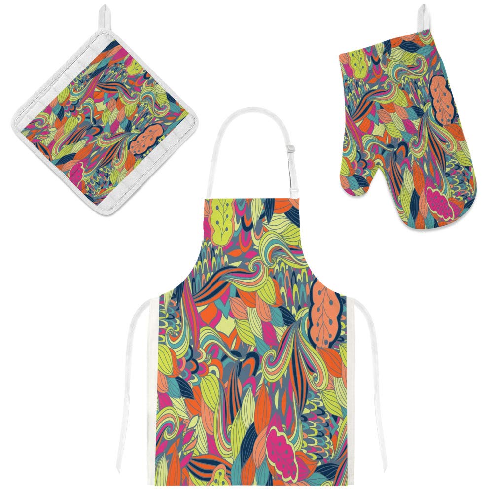 Tablier de cuisine avec poches et accessoires de cuisson imprimé fleurs abstraites idée cadeau