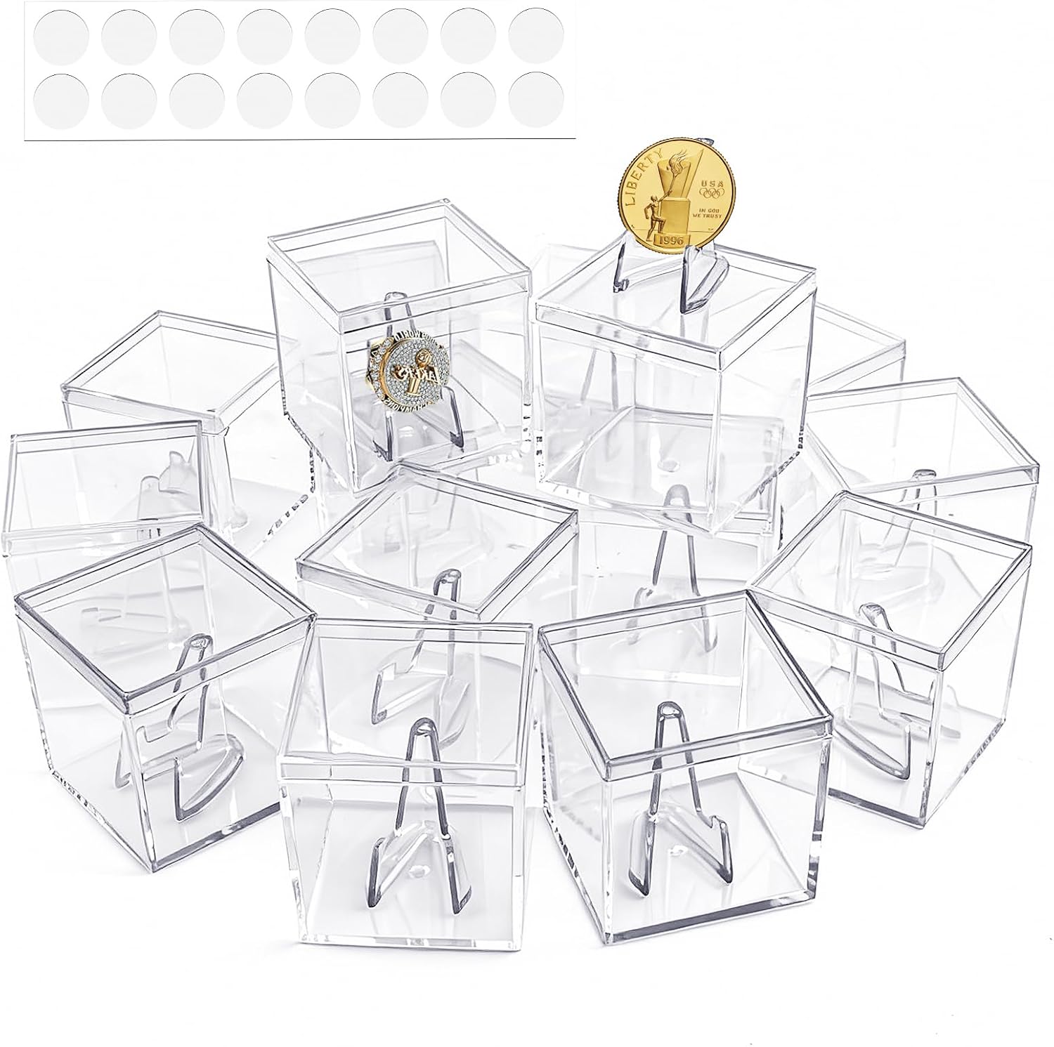 16 Pcs Championship Ring Display Case, 2.17 Inch Clear Acrylic Baseball Display Case with Mini Card Stand Holder, Square Small Showcase Single Ring Holder Storage Box for Sport Souvenirs Coin