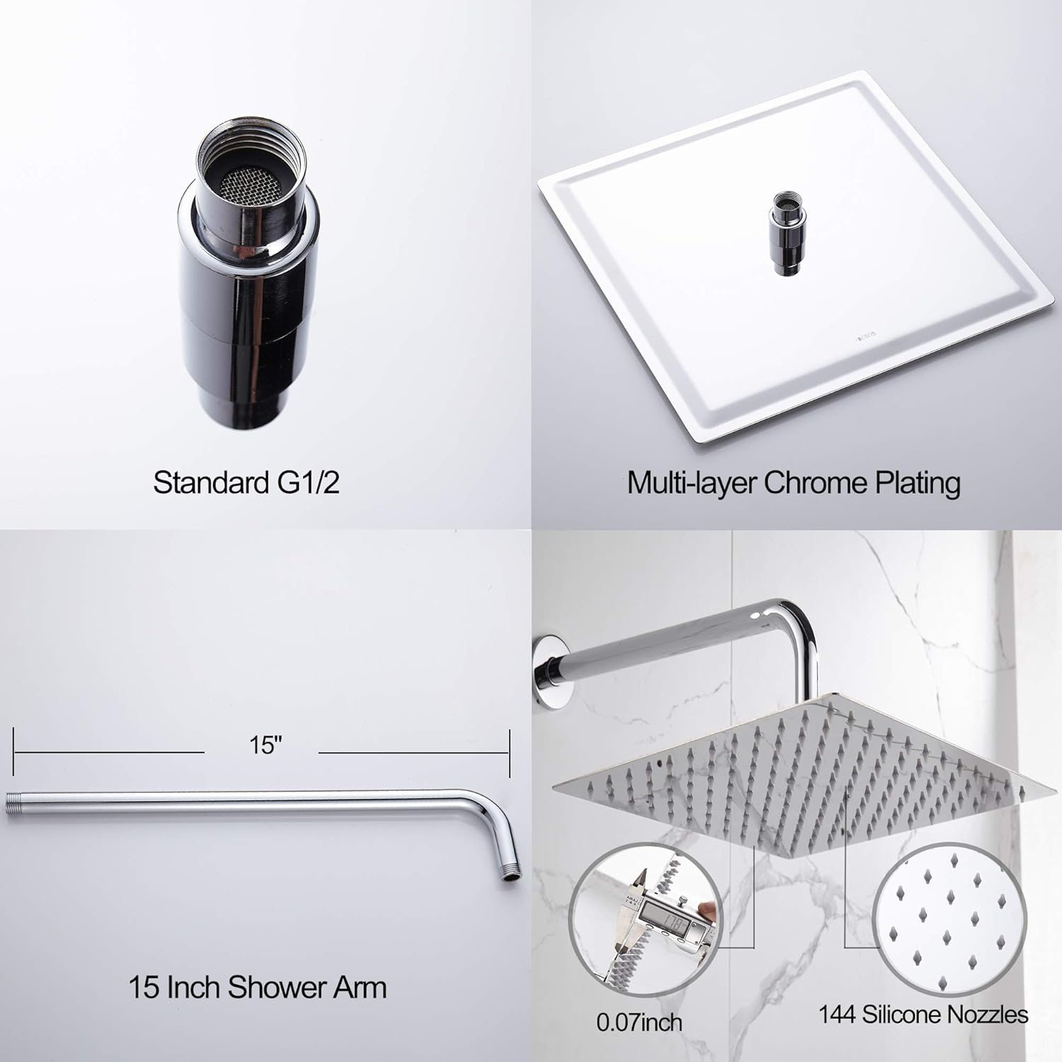 Square Rain Shower Head, High Pressure Rainfall Showerhead, Large Fixed Stainless Steel Polished Chrome Shower Rain, 12 Inch Rainhead and 15 Inch Extension Arm
