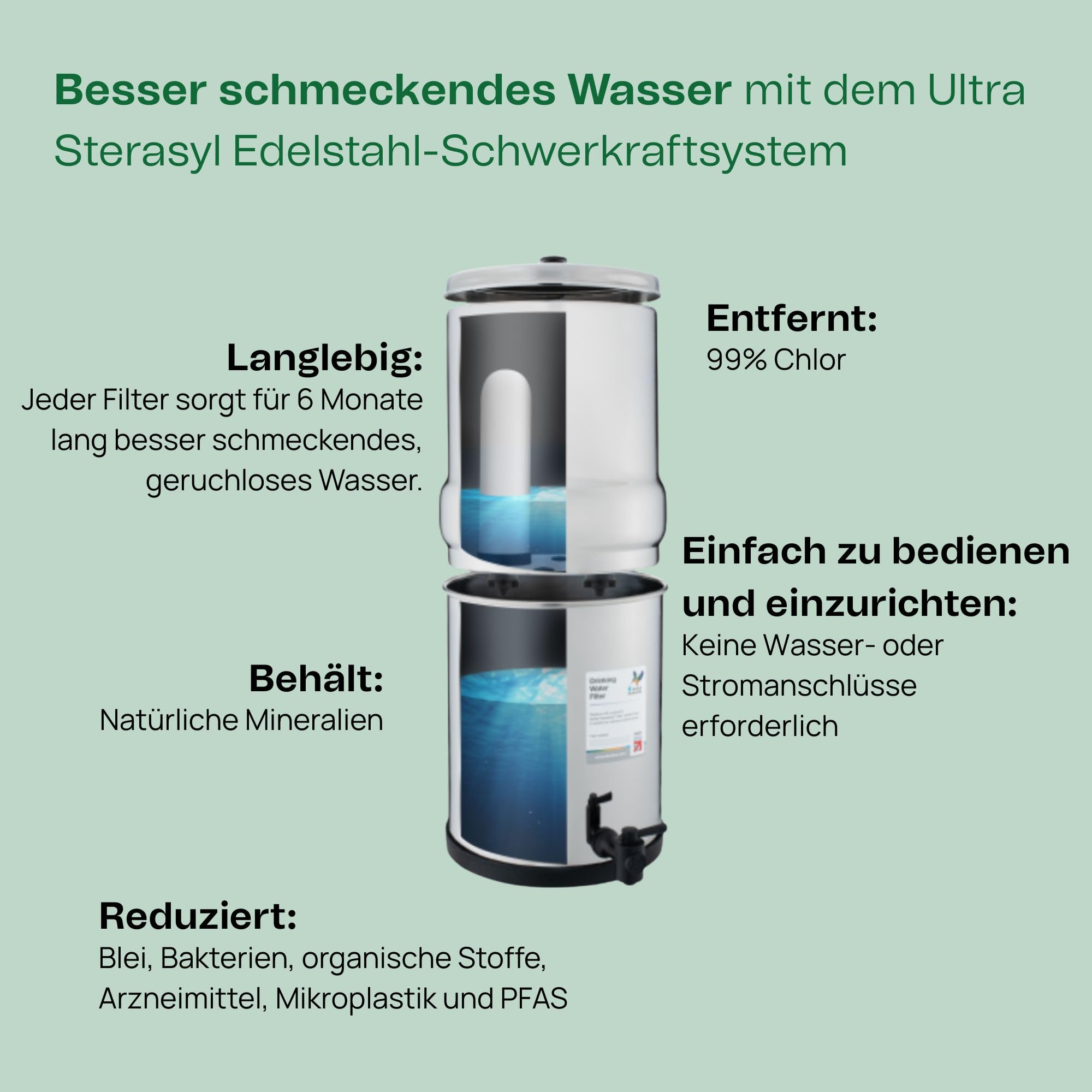 British Berkefeld 8,5L Edelstahl-Schwerkraft-Wasserfiltersystem | Mit 2 Ultra Sterasyl-Kartuschen | Rein schmeckendes Wasser | Keine Stromversorgung oder Wasseranschluss erforderlich
