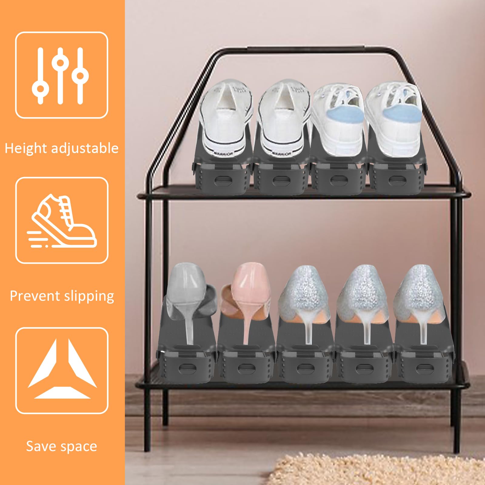 Organizadores de Zapatos,24PCS Soporte de Calzado de Altura Ajustable,Zapatero Simple,Ranuras Soportes de Calzado Apilador para Zapatos Ahorro de Espacio,4 alturas para todo zapatos Gris Oscuro