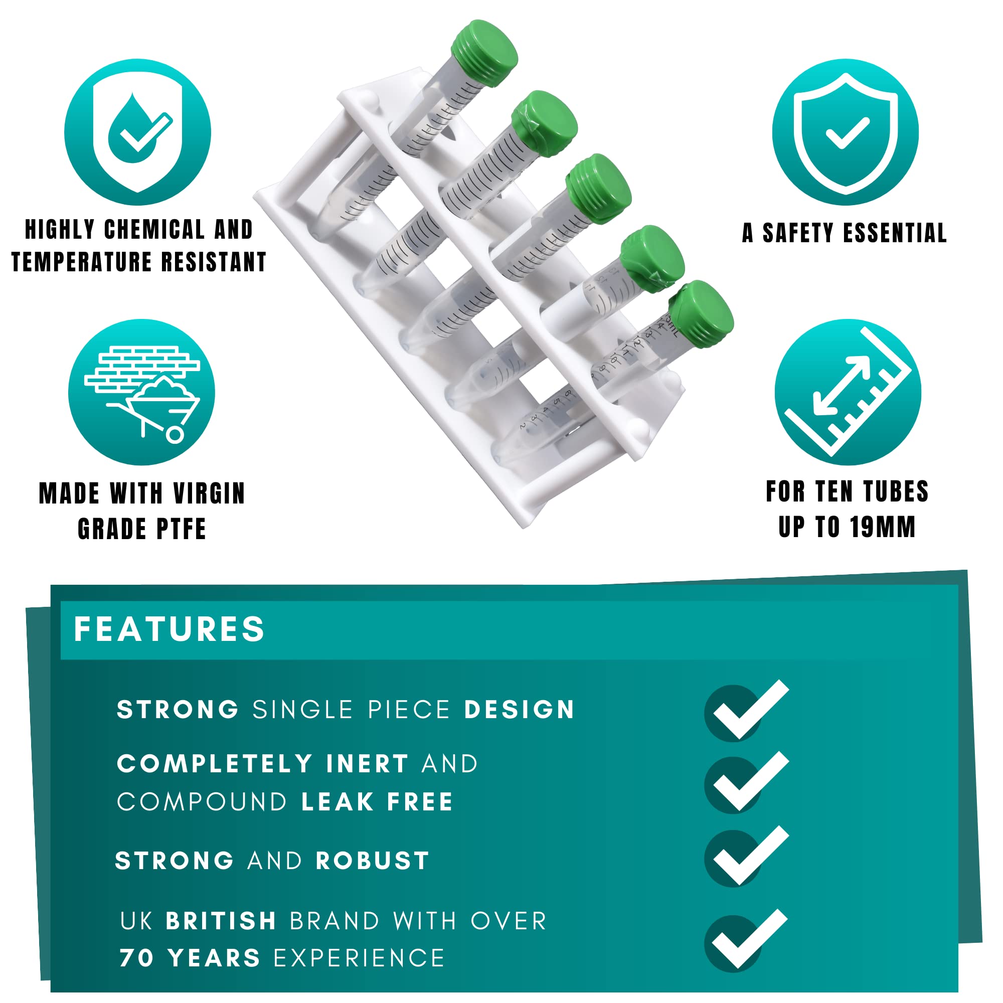 Labsales,Estante de PTFE sólido para tubos de centrífuga y tubos de ensayo, varios tamaños y tamaños de tubo disponibles, paquete de 1 (10 tubos – 19 mm de diámetro)