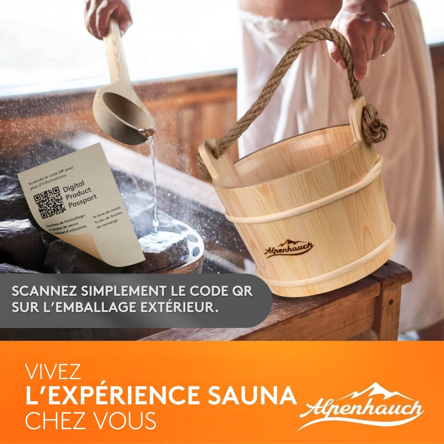 ALPENHAUCH Seau de sauna avec cuillère à pelle [100 % bois naturel] – Seau de sauna élégant avec sablier et thermomètre – Accessoires de sauna durables – Set de seaux à verser (seau de sauna avec