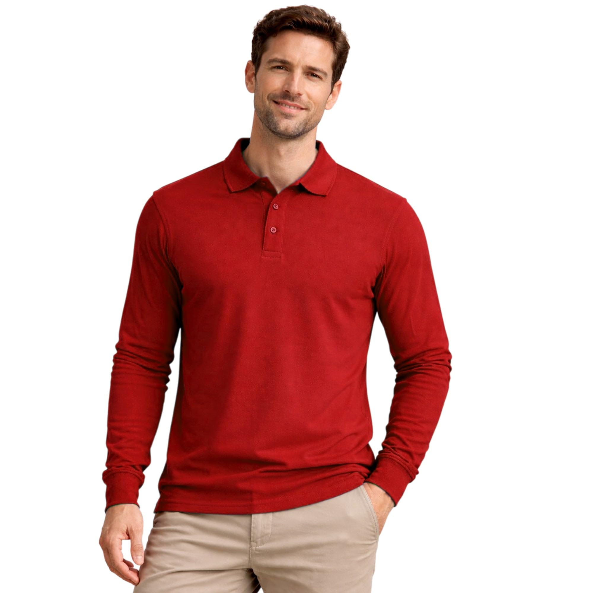 G5 APPAREL Men’s Long Sleeve Cotton Polo Shirt – Classic Regular Fit Polo with Ribbed Collar & Cuffs, 3 Button Placket Red