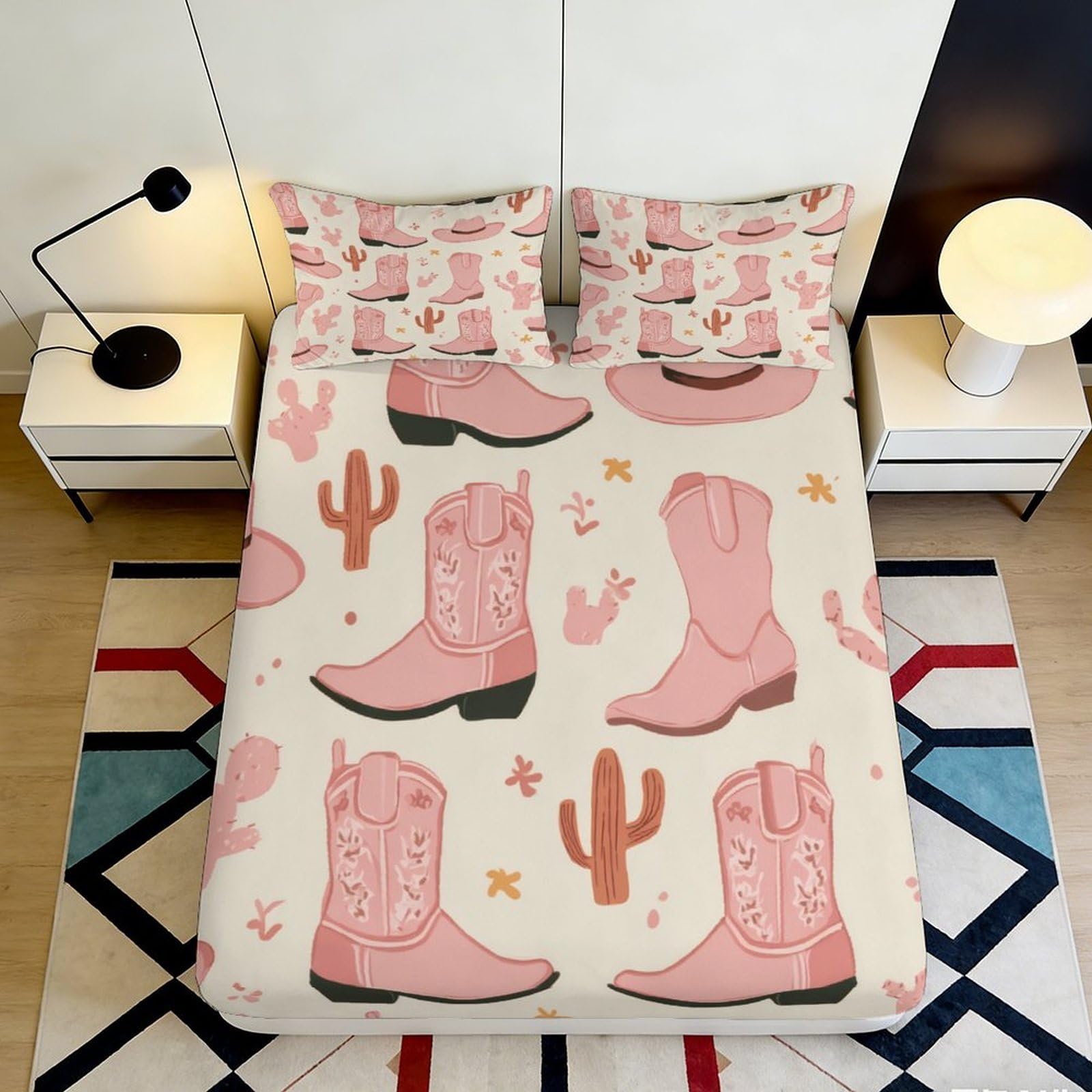 3D Printed Pink Cowboy Boots Fitted Sheet Microfiber Western Cactus Bed Cover for Bedroom Dorm Dustproof Easy Care 90x200x25cm