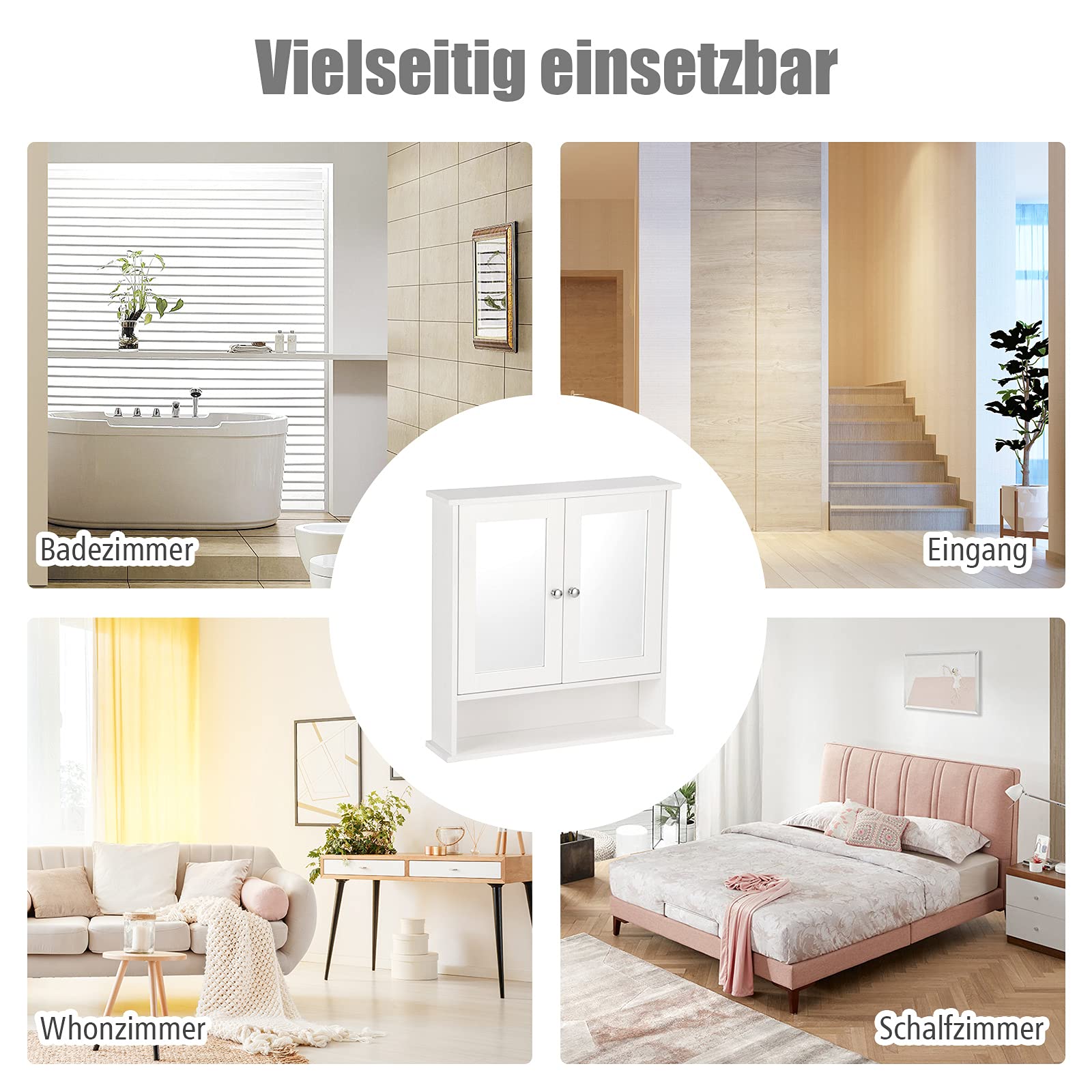 LIFEZEAL Mobiletto Bagno Salvaspazio con Contenitore, Specchio, Pensile Bagno Sospeso, Specchiera da Muro a 2 Ante, Armadietto, Mobile con Mensola, 2 Ripiani, Moderno, in Legno, 56x13x58cm (bianco)